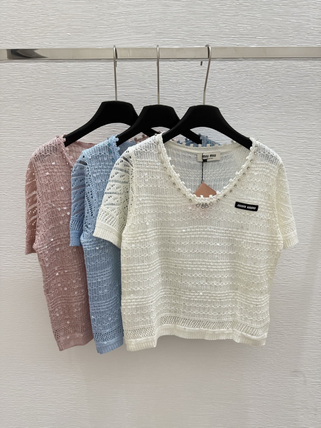 NO:429880,M Home Summer New Style Round Sequin Nail Diamond Knitted Short Sleeve Color White Pink Blue Size 36.38.40, T-shirt,alexander wang19860909M家 夏季新款 圆亮片钉钻针织短袖 颜色白色 粉色 蓝色 尺码36.38.40,,T-shirt,alexander wang,Women's clothing