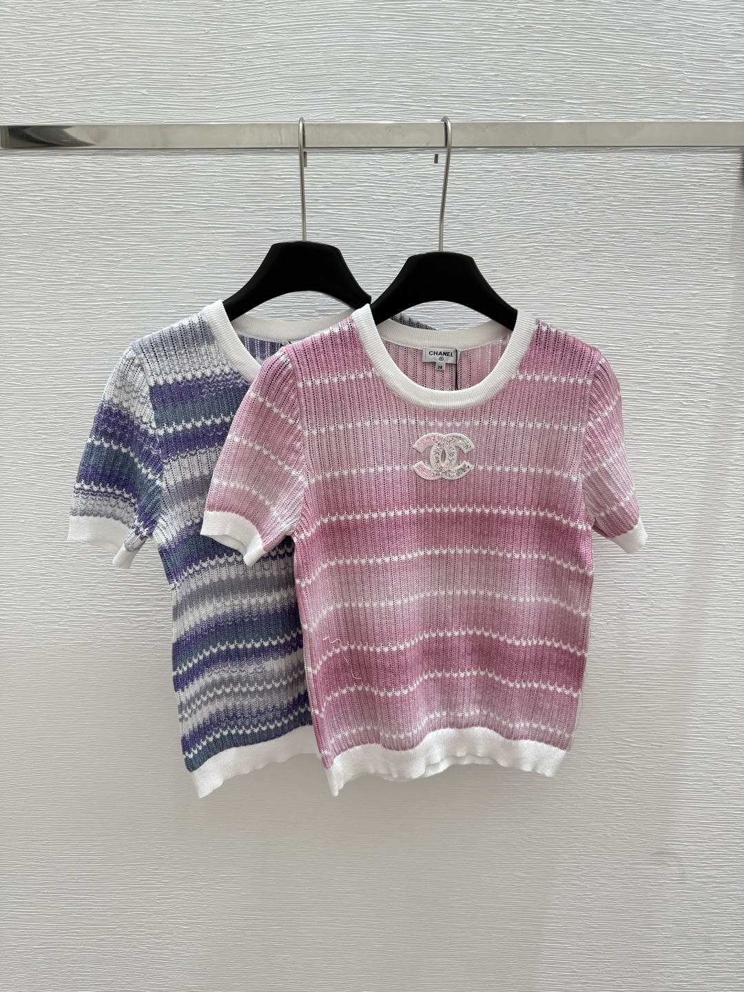 NO:425508,CH Home Summer New Style Contrast Stripe Knitted Short Sleeve Color Pink Purple Size 36.38.40, T-shirt,alexander wang19860909CH家 夏季新款 撞色条纹针织短袖 颜色粉色 紫色 尺码36.38.40,,T-shirt,alexander wang,Women's clothing