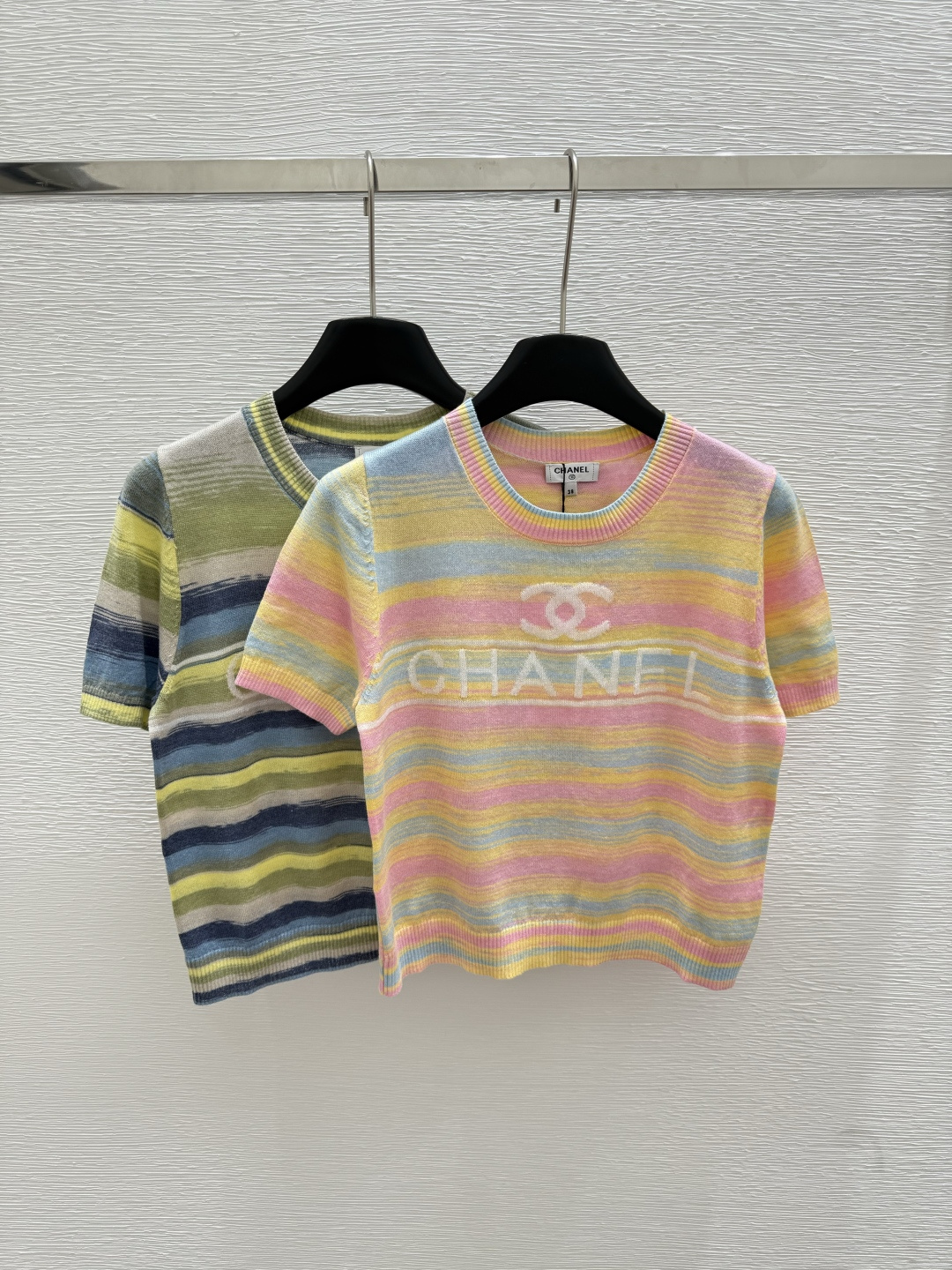 NO:431954,CH Home Summer New Style Contrast Stripe Knitted Short Sleeve Color Pink Green Size 36.38.40, T-shirt,alexander wang19860909CH家 夏季新款 撞色条纹针织短袖  颜色粉色 绿色 尺码36.38.40,,T-shirt,alexander wang,Women's clothing