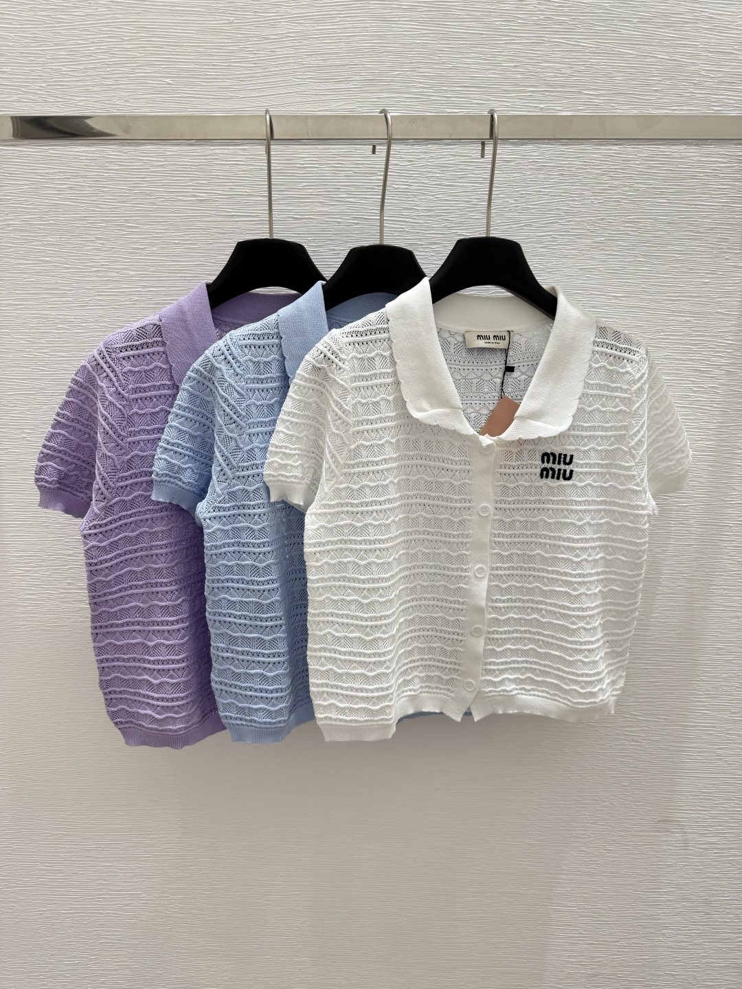 NO:432868,M Home New Summer Lapel Knitted Short Sleeve Cardigan Color White Purple Blue Size 36.38.40, T-shirt,alexander wang19860909M家 夏季新款 翻领针织短袖开衫 颜色白色 紫色 蓝色 尺码36.38.40,,T-shirt,alexander wang,Women's clothing