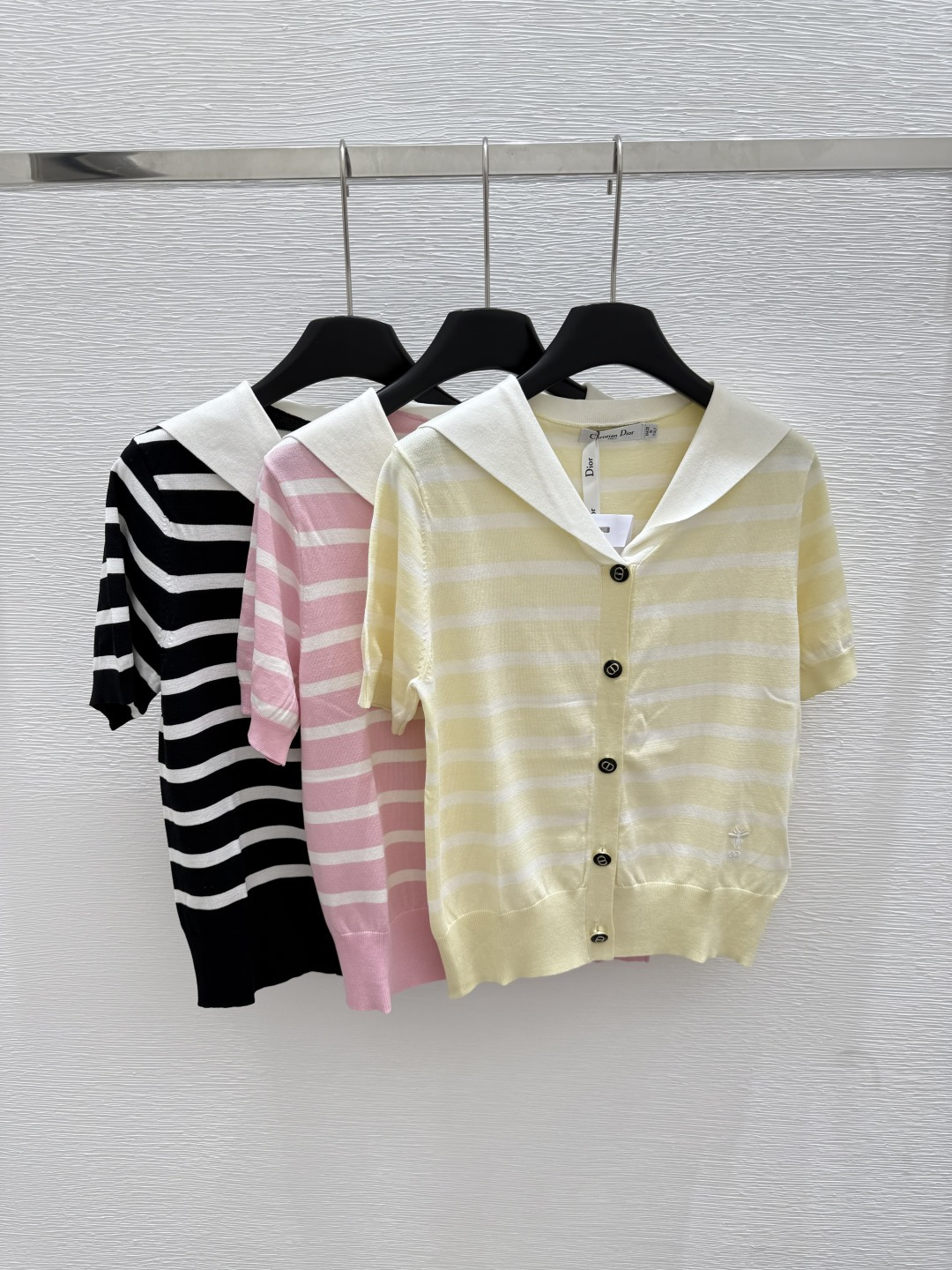 NO:428523,D Home Summer New Navy Collar Knitted Stripe Short Sleeve Color Yellow Pink Yellow Size 36.38.40, Dior, T-shirt, alexander wang19860909D家 夏季新款 海军领针织条纹短袖 颜色黄色 粉色 黄色 尺码36.38.40,,dior,T-shirt,alexander wang,Women's clothing