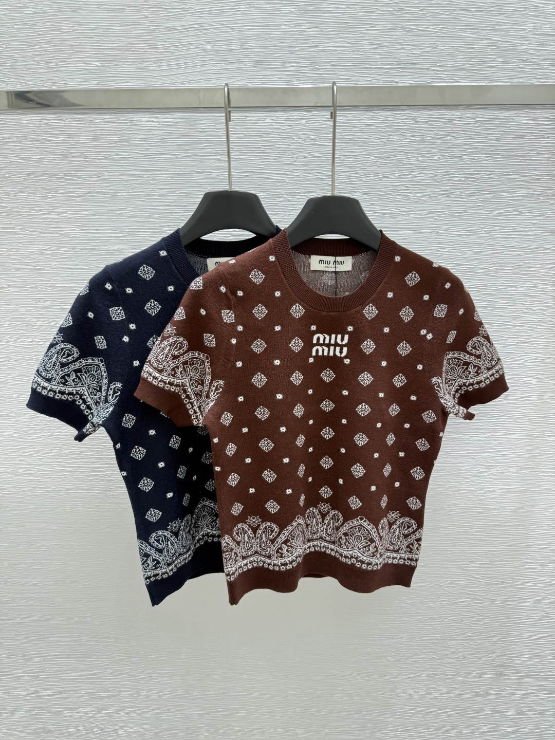 NO:428486,M Home New Summer Style Round Neck Print Pattern Knitted Short Sleeve Color Coffee Royal Blue Size 36.38.40, T-shirt,alexander wang19860909M家 夏季新款 圆领印花图案针织短袖 颜色咖色 宝蓝色 尺码36.38.40,,T-shirt,alexander wang,Women's clothing