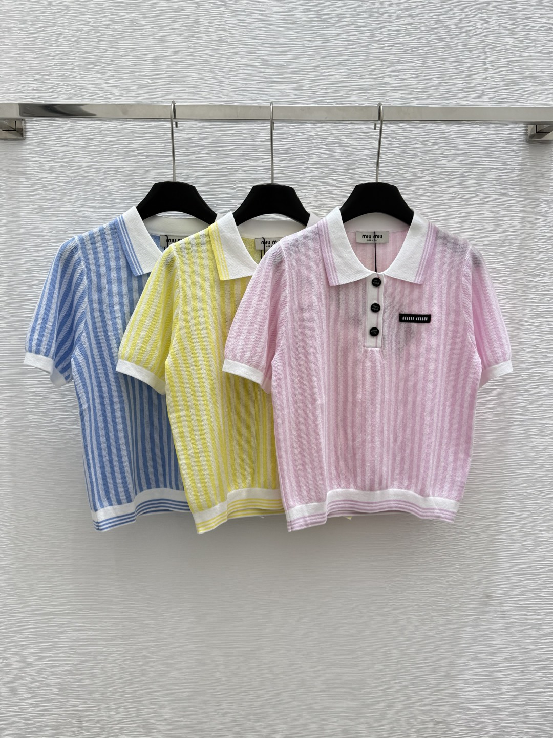 NO:433994,M Home New Summer Striped Lapel Knitted Short Sleeve Color Yellow Pink Blue Size 36.38.40, T-shirt,alexander wang19860909M家 夏季新款 条纹翻领针织短袖 颜色黄色 粉色 蓝色 尺码36.38.40,,T-shirt,alexander wang,Women's clothing