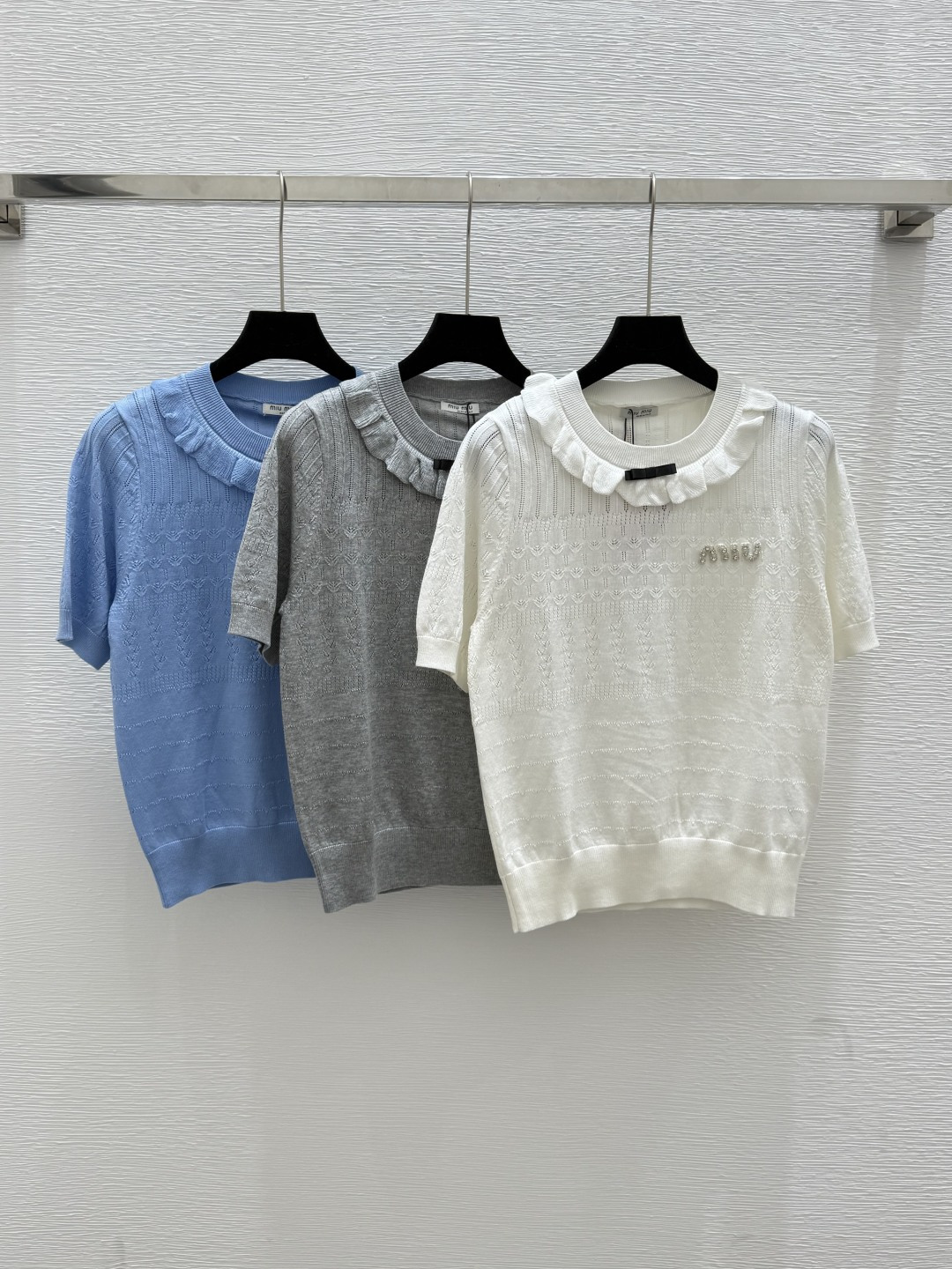 NO:434002,M Home Summer New Style Lace Collar Knitted Short Sleeve Color White Blue Gray Size 36.38.40, T-shirt,alexander wang19860909M家 夏季新款 花边领针织短袖 颜色白色 蓝色 灰色 尺码36.38.40,,T-shirt,alexander wang,Women's clothing