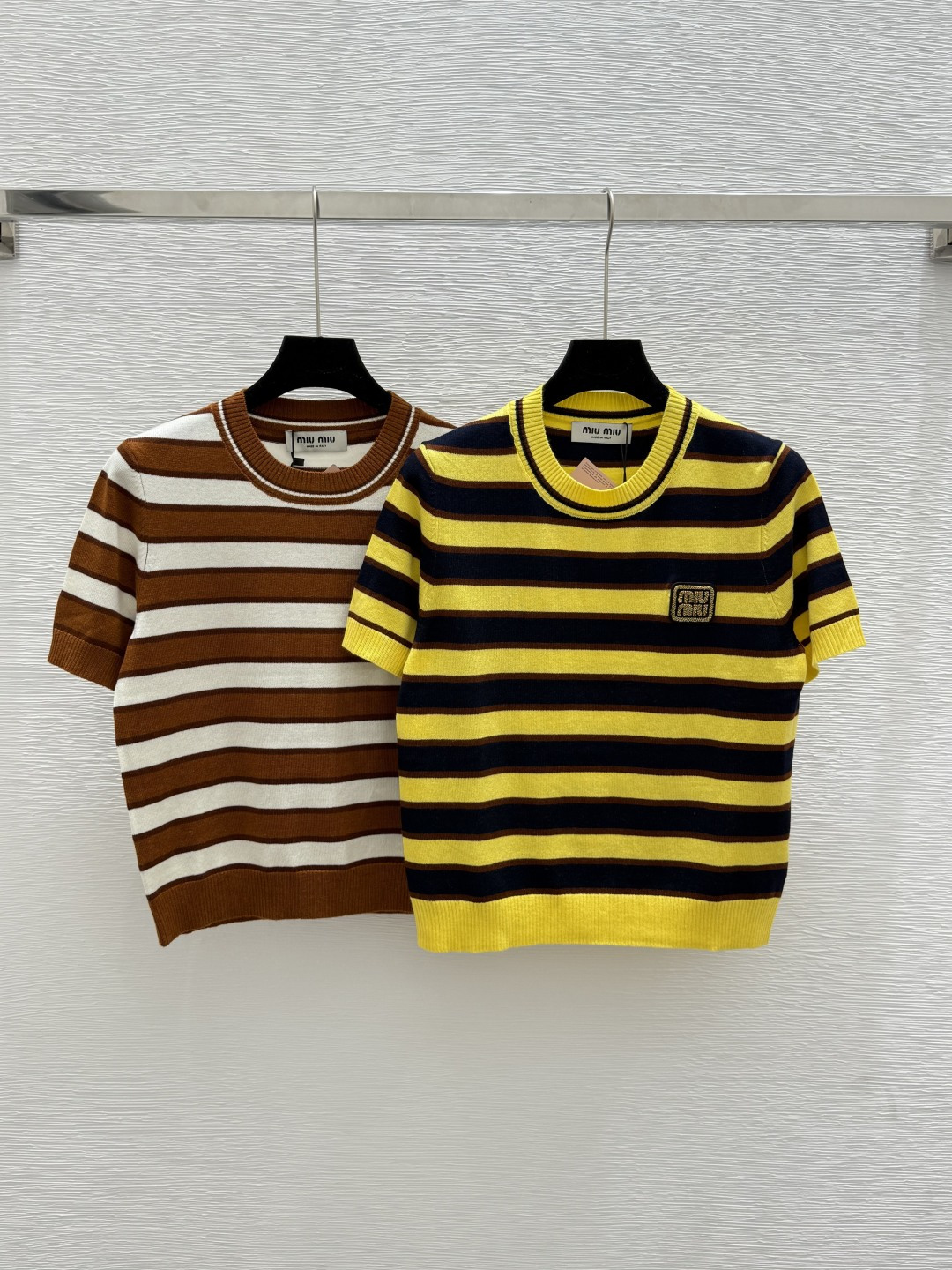 NO:434004,M Home New Summer Style Striped Round Neck Knitted Short Sleeve Color Khaki Yellow Size 36.38.40, T-shirt,alexander wang19860909M家 夏季新款 条纹圆领针织短袖 颜色卡其 黄色 尺码36.38.40,,T-shirt,alexander wang,Women's clothing