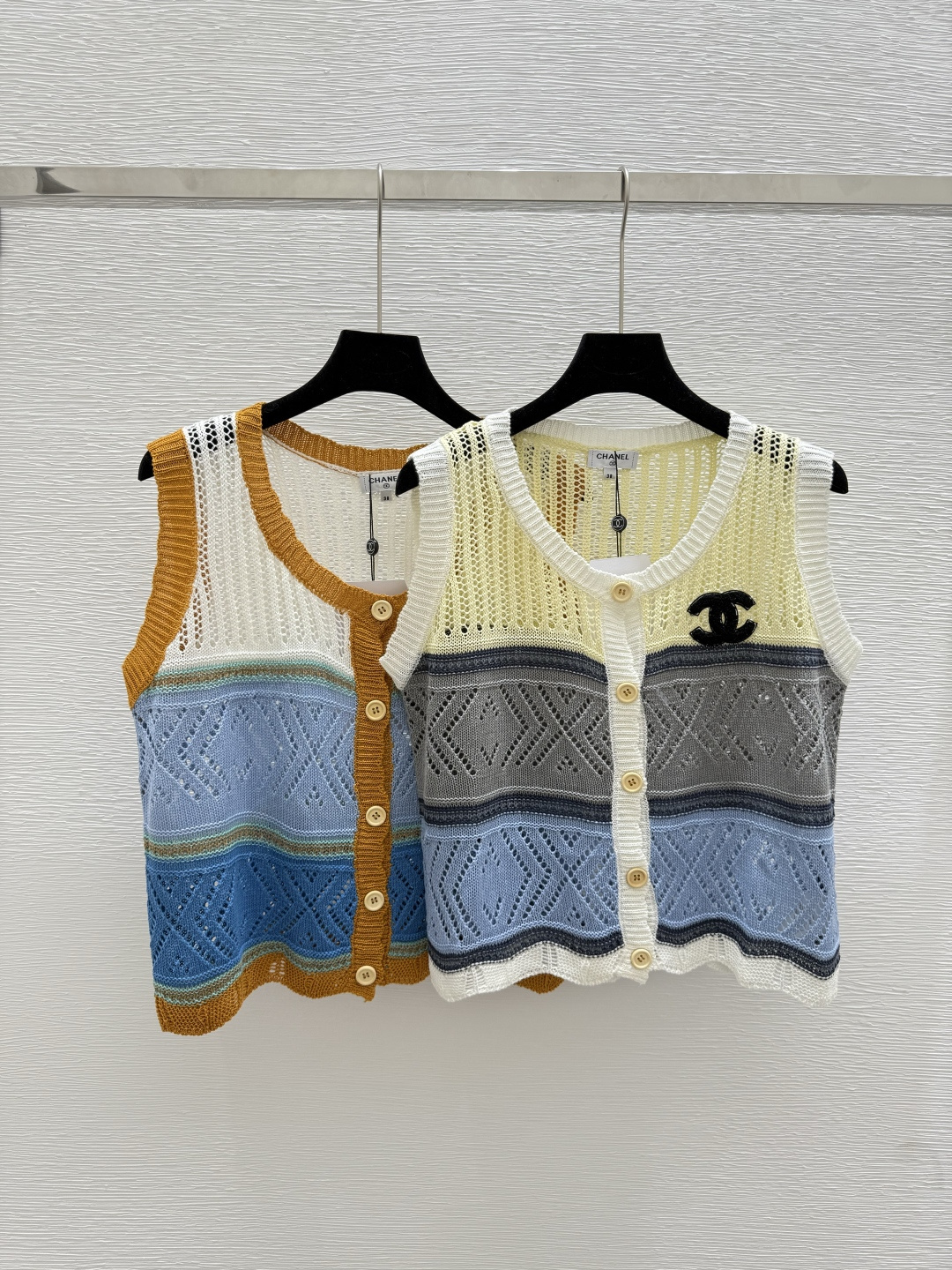 NO:434328,19860909M家 夏季新款 拼色镂空背心开衫 颜色黄色 蓝色 尺码36.38.40,,alexander wang,Women's clothing