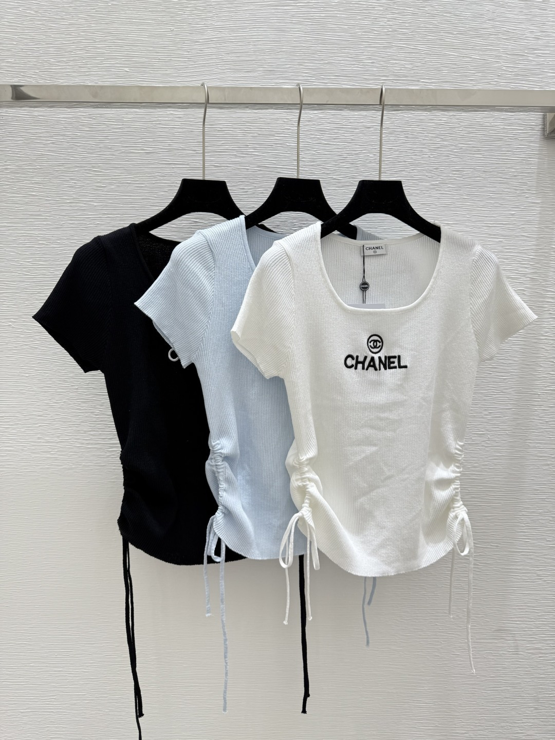 NO:434359,CH Home Summer New Style Drawstring Knitted Round Neck Color White Blue Black Size 36.38.40,,alexander wang19860909CH家 夏季新款 抽绳字母针织圆领 颜色白色 蓝色 黑色 尺码36.38.40,,alexander wang,Women's clothing