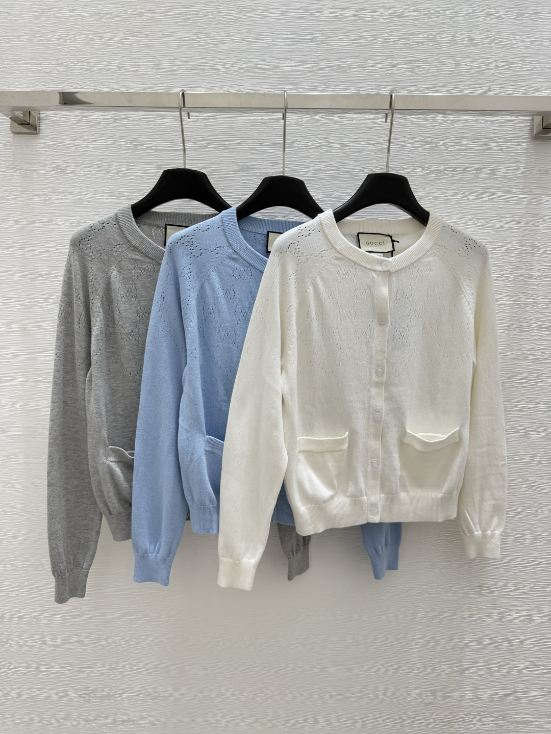 NO:434368,G Home Summer New Style Solid Color Hollow Simple Knitted Cardigan Color White Blue Gray Size 36.38.40, gucci,alexander wang19860909G家 夏季新款 纯色镂空简约针织开衫 颜色白色 蓝色 灰色 尺码36.38.40,,gucci,alexander wang,Women's clothing