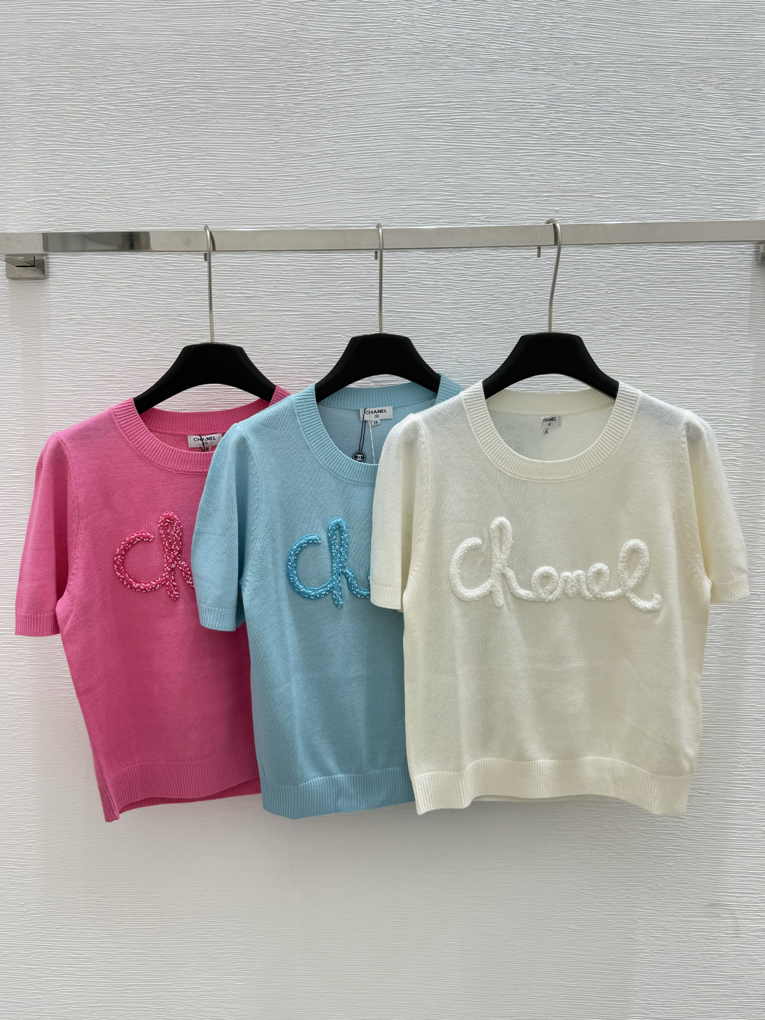 NO:434370,CH Home Summer New Style Beaded Design Round Neck Knitted Short Sleeve Color White Pink Blue Size 36.38.40, T-shirt,alexander wang19860909CH家 夏季新款 钉珠设计圆领针织短袖 颜色白色 粉色 蓝色 尺码36.38.40,,T-shirt,alexander wang,Women's clothing