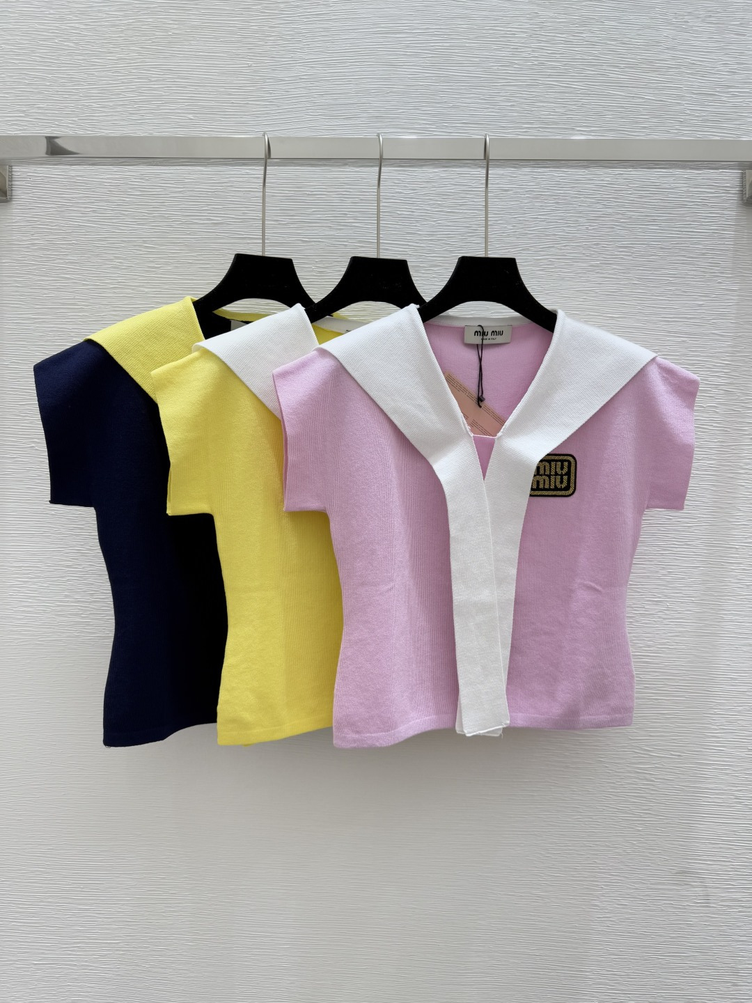 NO:434393,M Home Summer New Style Contrast Navy Collar Knitted Short Sleeve Color Royal Blue Yellow Pink Size 36.38.40, T-shirt,alexander wang19860909M家 夏季新款 撞色海军领针织短袖 颜色宝蓝 黄色 粉色 尺码36.38.40,,T-shirt,alexander wang,Women's clothing