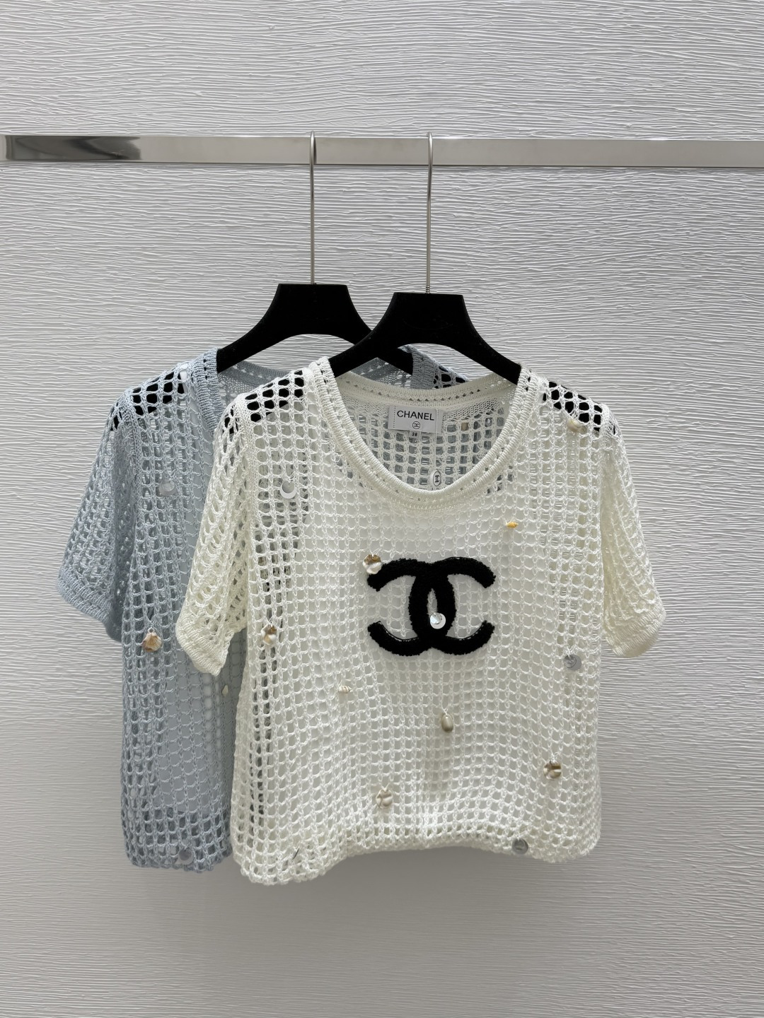 NO:436390,CH Home Summer New Style Hollow Pendant Round Neck Knitted Short Sleeve Color White Blue Size 36.38.40, T-shirt,alexander wang19860909CH家 夏季新款 镂空吊坠圆领针织短袖 颜色白色 兰色 尺码36.38.40,,T-shirt,alexander wang,Women's clothing
