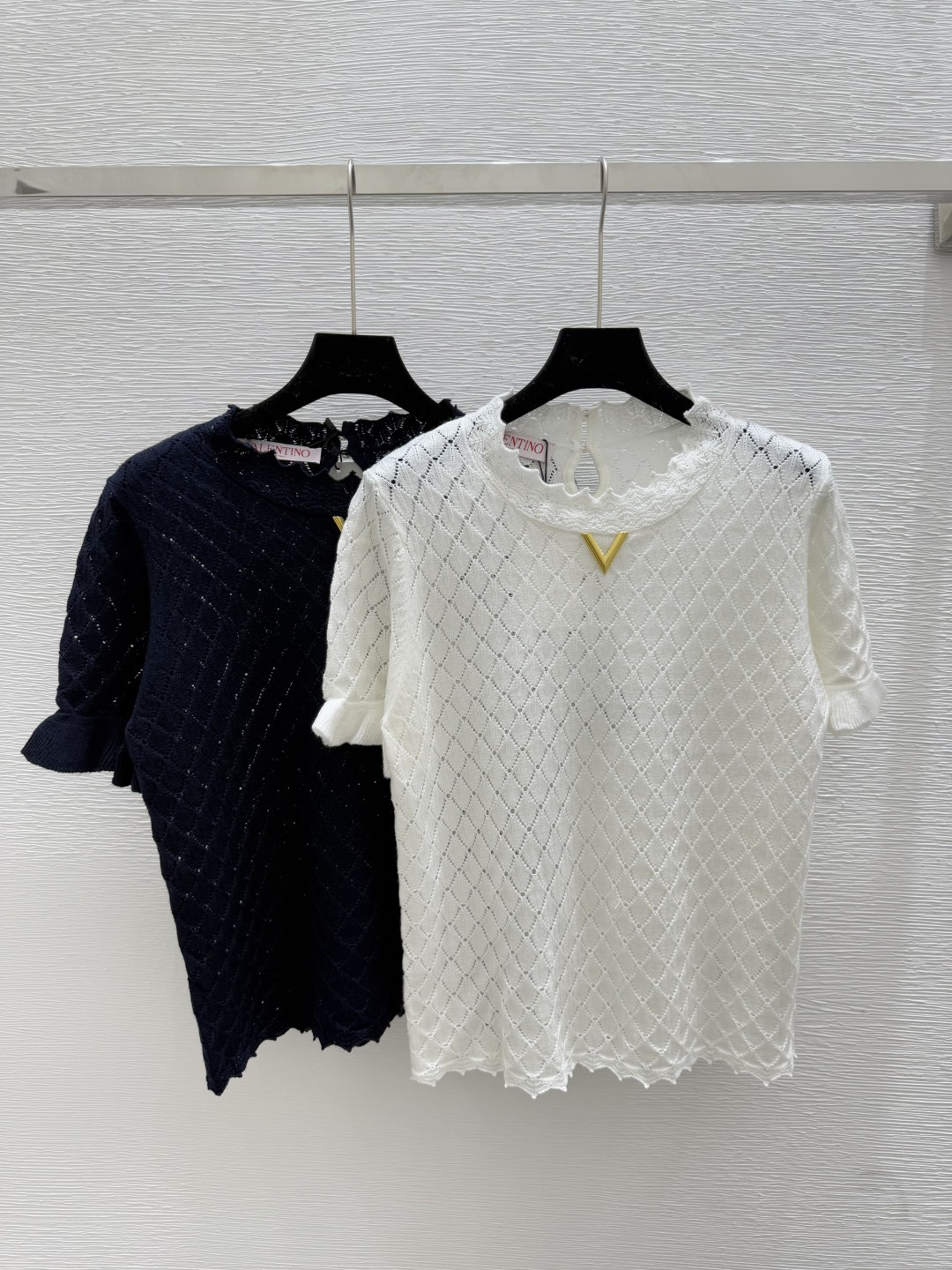 NO:442595,VA Home Summer New Style Solid Color Lace Collar Hollow Knitted Short Sleeve Color White Royal Blue Size 36.38.40, T-shirt,alexander wang19860909VA家 夏季新款 纯色花边领镂空针织短袖 颜色白色 宝蓝 尺码36.38.40,,T-shirt,alexander wang,Women's clothing