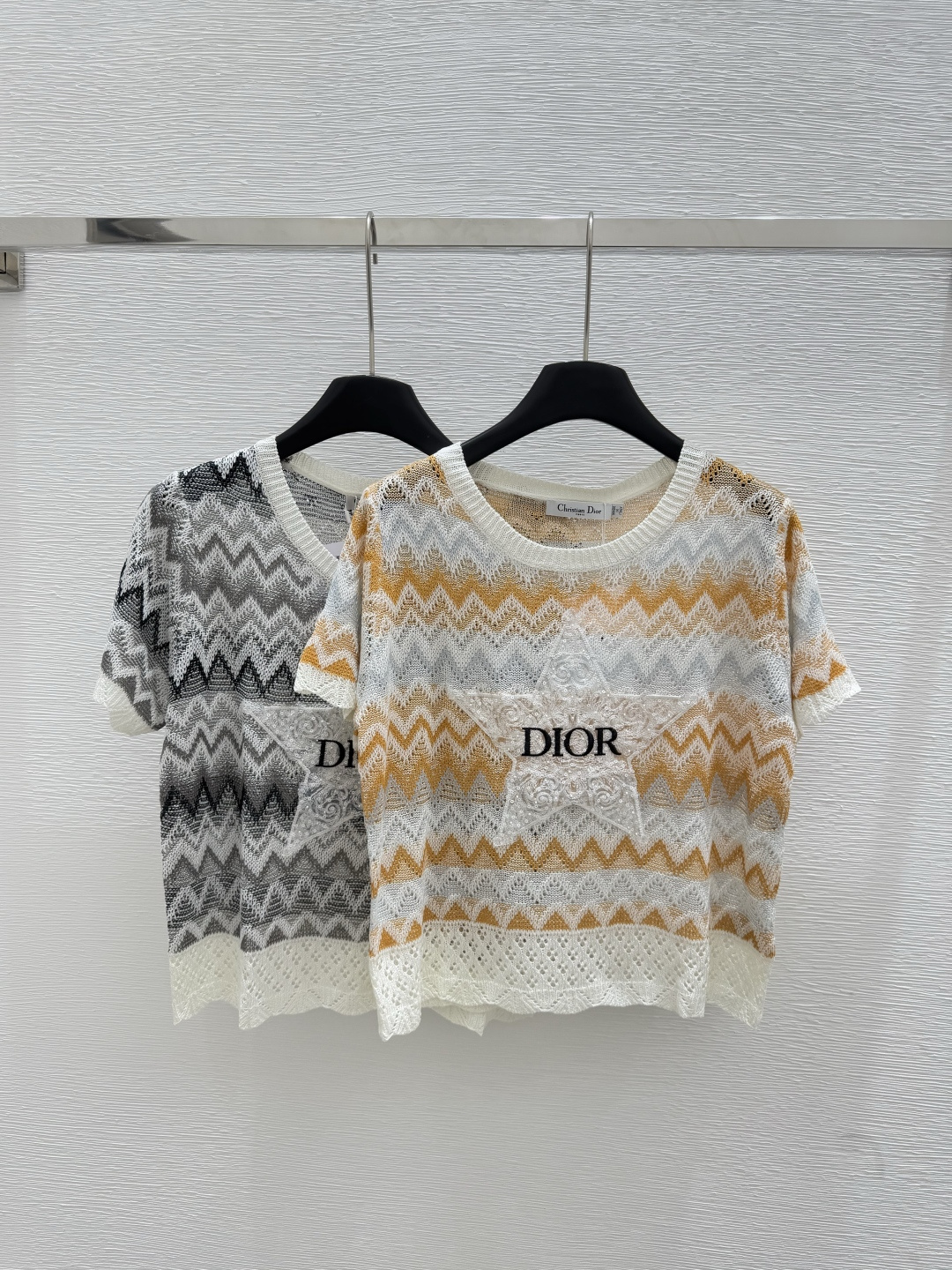 NO:442639,D Home Summer New Contrast Color Five-pointed Star Hollow Knitted Short Sleeve Color Gray Orange Size 36.38.40, Dior, T-shirt, alexander wang19860909D家 夏季新款撞色五角星镂空针织短袖 颜色灰色.橙色 尺码36.38.40,,dior,T-shirt,alexander wang,Women's clothing