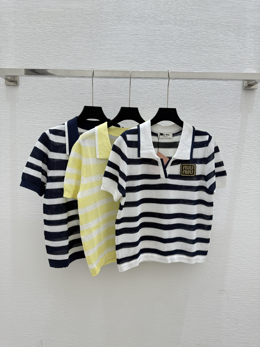 NO:443801,M Home Summer New Contrast Striped Lapel Knitted Short Sleeve Color White Yellow Black Size 36.38.40, T-shirt,alexander wang19860909M家 夏季新款撞色条纹翻领针织短袖 颜色白色 黄色 黑色 尺码36.38.40,,T-shirt,alexander wang,Women's clothing
