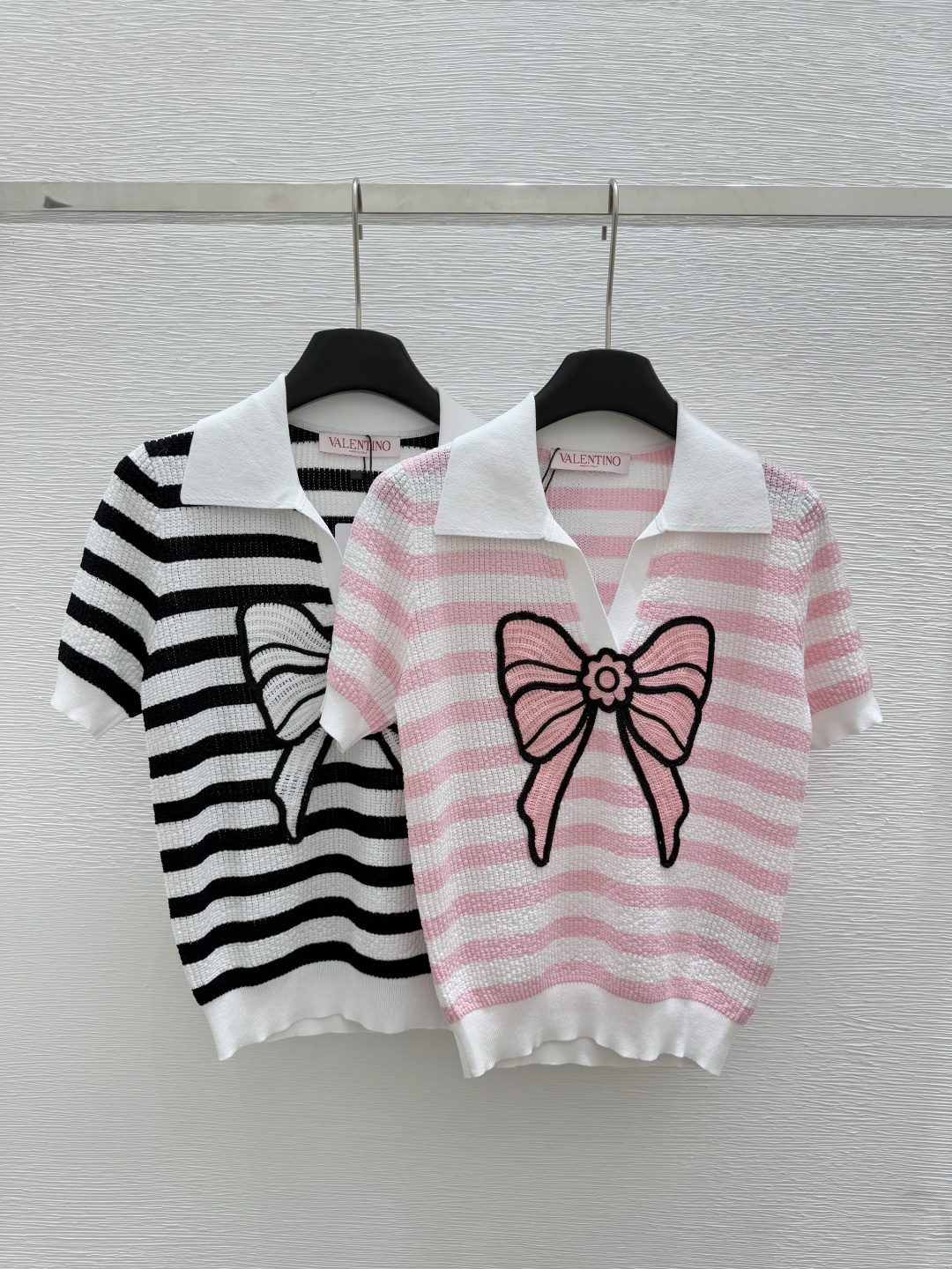 NO:443813,VA Home Summer New Style Striped Bow Lapel Knitted Short Sleeve Color Pink White Size 36.38.40, T-shirt,alexander wang19860909VA家 夏季新款 条纹蝴蝶结翻领针织短袖 颜色粉色 白色 尺码36.38.40,,T-shirt,alexander wang,Women's clothing