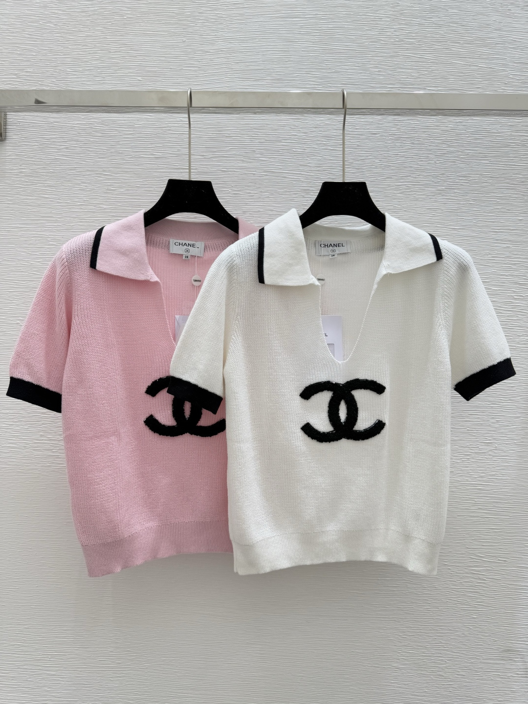 NO:443824,CH Home Summer New Style Contrast Lapel Knitted Short Sleeve Color White Pink Size 36.38.40, T-shirt,alexander wang19860909CH家 夏季新款 撞色翻领针织短袖 颜色白色 粉色 尺码36.38.40,,T-shirt,alexander wang,Women's clothing