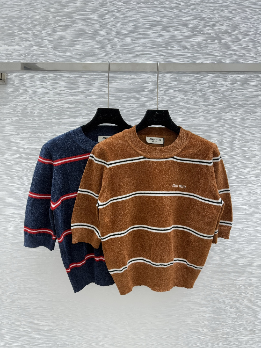 NO:446662,M Home Summer New Style Contrast Striped Round Neck Knitted Short Sleeve Color Clay Royal Blue Size 36.38.40, T-shirt,alexander wang19860909M家 夏季新款 撞色条纹圆领针织短袖 颜色咖色 宝蓝 尺码36.38.40,,T-shirt,alexander wang,Women's clothing