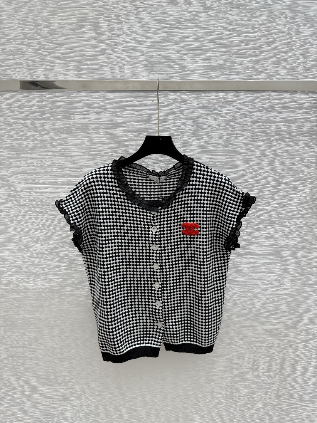 NO:449530,CH Home Summer New Style Contrast Plaid Striped Lace Collar Knitted Short Sleeve Color Black Size 36.38.40, T-shirt,alexander wang19860909CH家 夏季新款 撞色格子条纹花边领针织短袖 颜色黑色 尺码36.38.40,,T-shirt,alexander wang,Women's clothing