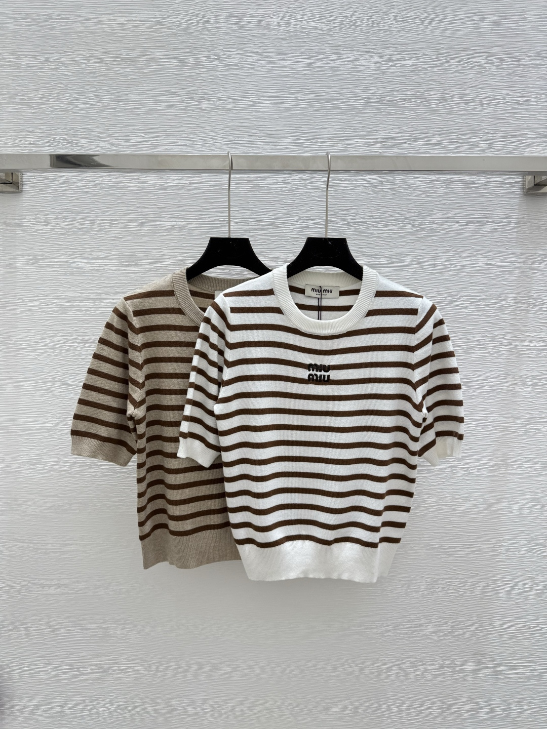 NO:445065,M Home Summer New Style Contrast Striped Round Neck Knitted Short Sleeve Color White Khaki Size 36.38.40, T-shirt,alexander wang19860909M家 夏季新款 撞色条纹圆领针织短袖 颜色白色 卡其 尺码36.38.40,,T-shirt,alexander wang,Women's clothing
