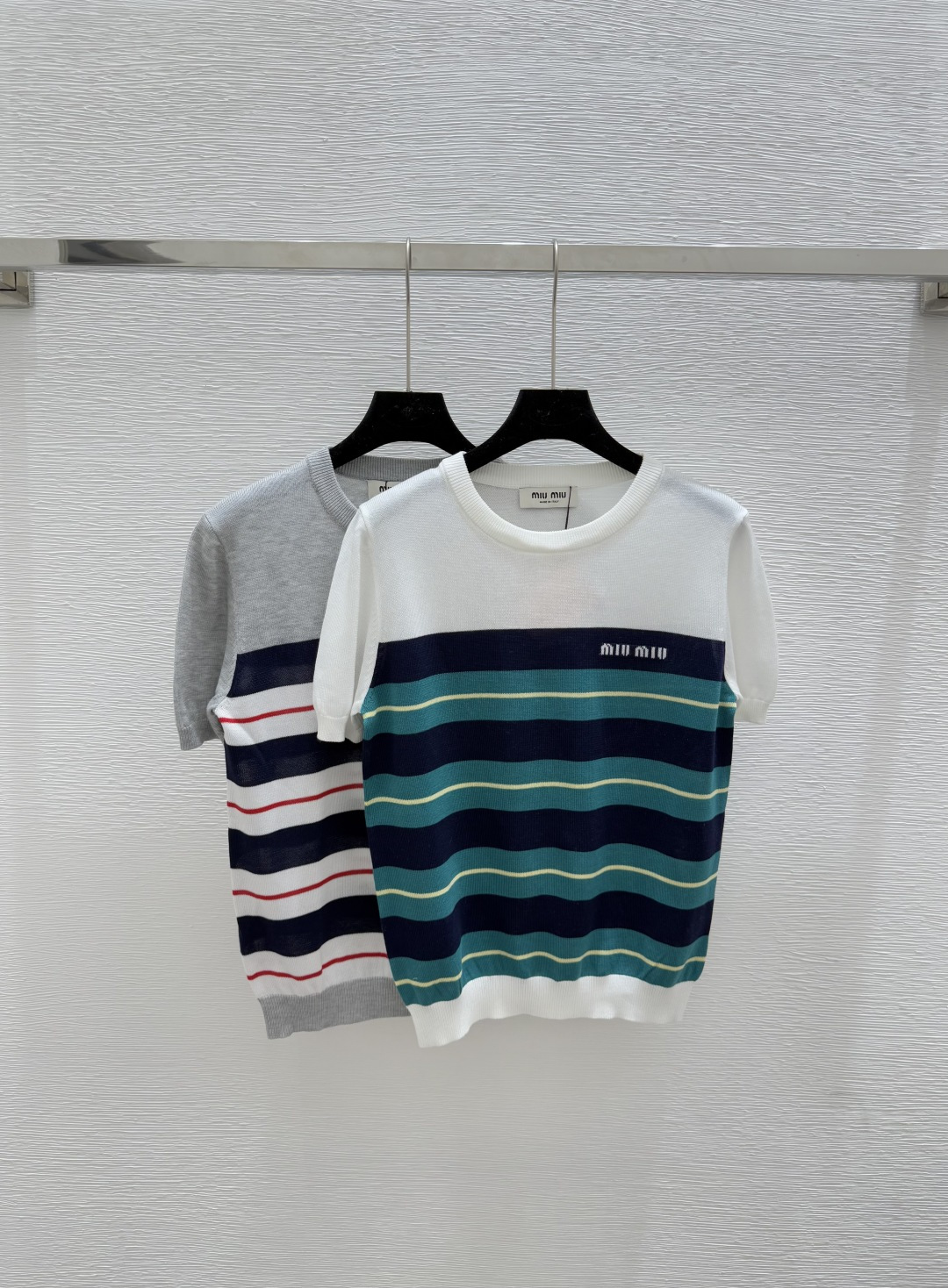 NO:450298,M Home Summer New Contrast Striped Round Neck Knitted Short Sleeve Color Green Gray Size 36.38.40, T-shirt,alexander wang19860909M家 夏季新款撞色条纹圆领针织短袖 颜色绿色 灰色 尺码36.38.40,,T-shirt,alexander wang,Women's clothing