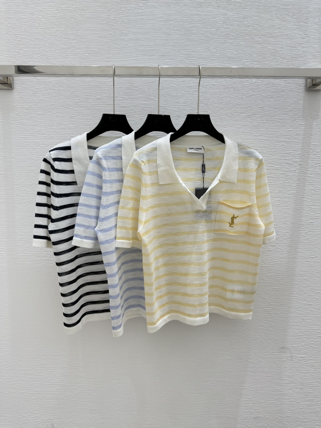 NO:452421,Y Home Summer New Contrast Striped Lapel Knitted Short Sleeve Color Yellow Blue Royal Blue Size 36.38.40, T-shirt,alexander wang19860909Y家 夏季新款撞色条纹翻领针织短袖 颜色黄色 蓝色 宝蓝 尺码36.38.40,,T-shirt,alexander wang,Women's clothing