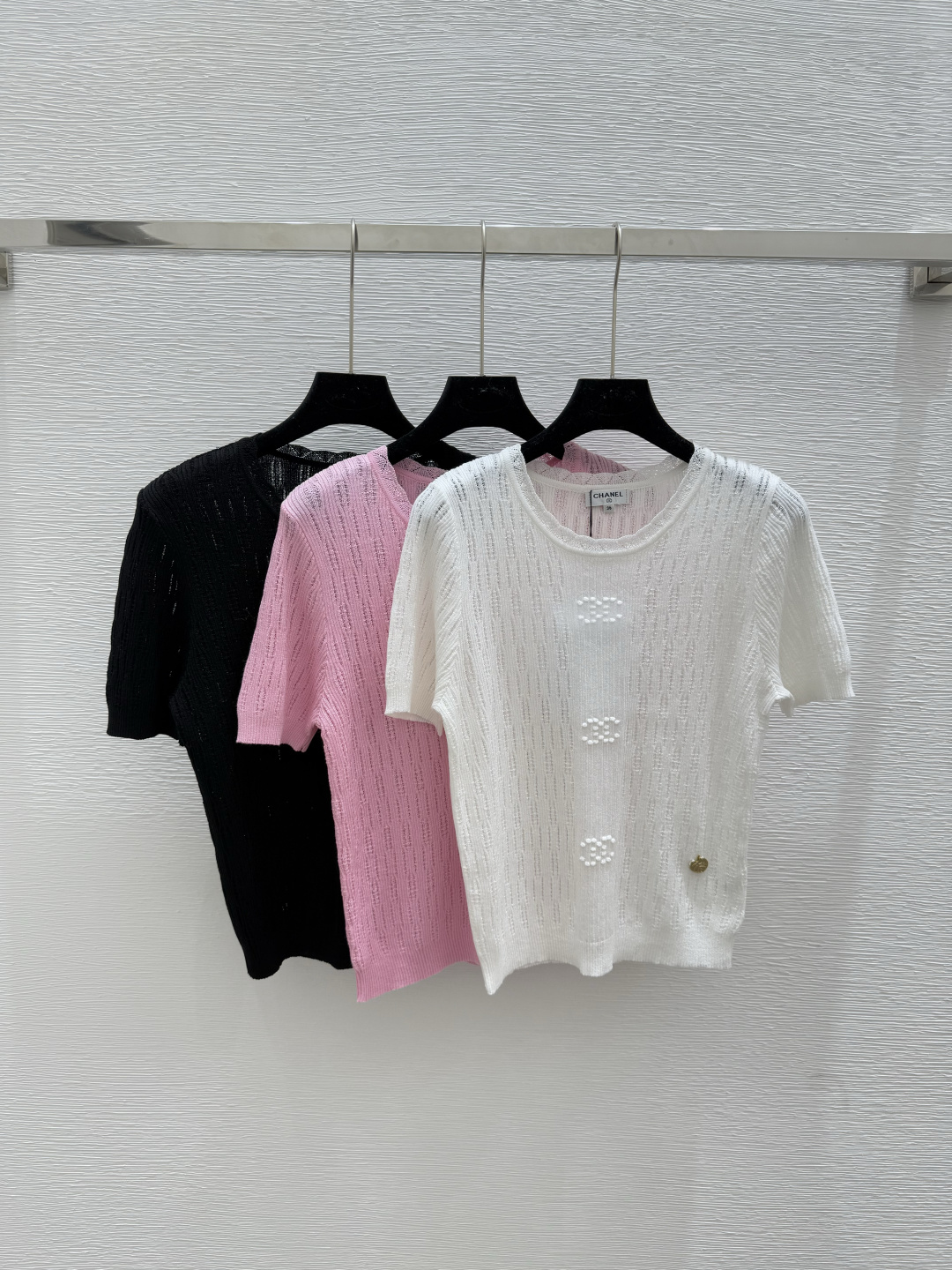 NO:454353,CH Home Early Autumn New lace round neck knitted short sleeves Color white Pink Black Size 36.38.40, T-shirt,alexander wang19860909CH家 早秋新款花边圆领针织短袖 颜色白色 粉色 黑色 尺码36.38.40,,T-shirt,alexander wang,Women's clothing