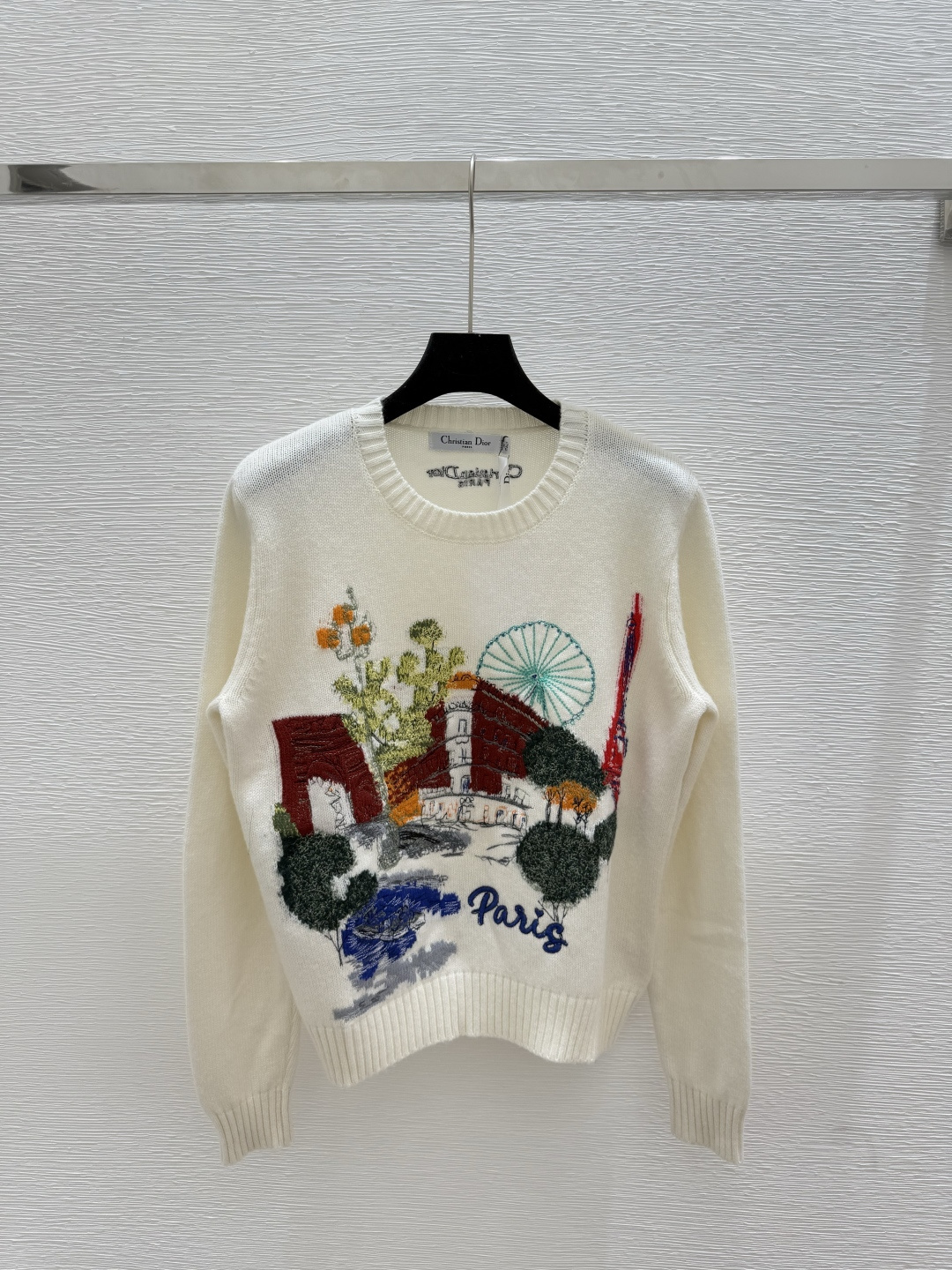 NO:454985,D Home Early Autumn New Style Amusement Park Embroidered Round Neck Knitted Long Sleeve Color White Size 36.38.40, Dior, Alexander wang19860909D家 早秋新款 游乐园刺绣圆领针织长袖 颜色白色 尺码36.38.40,,dior,alexander wang,Women's clothing