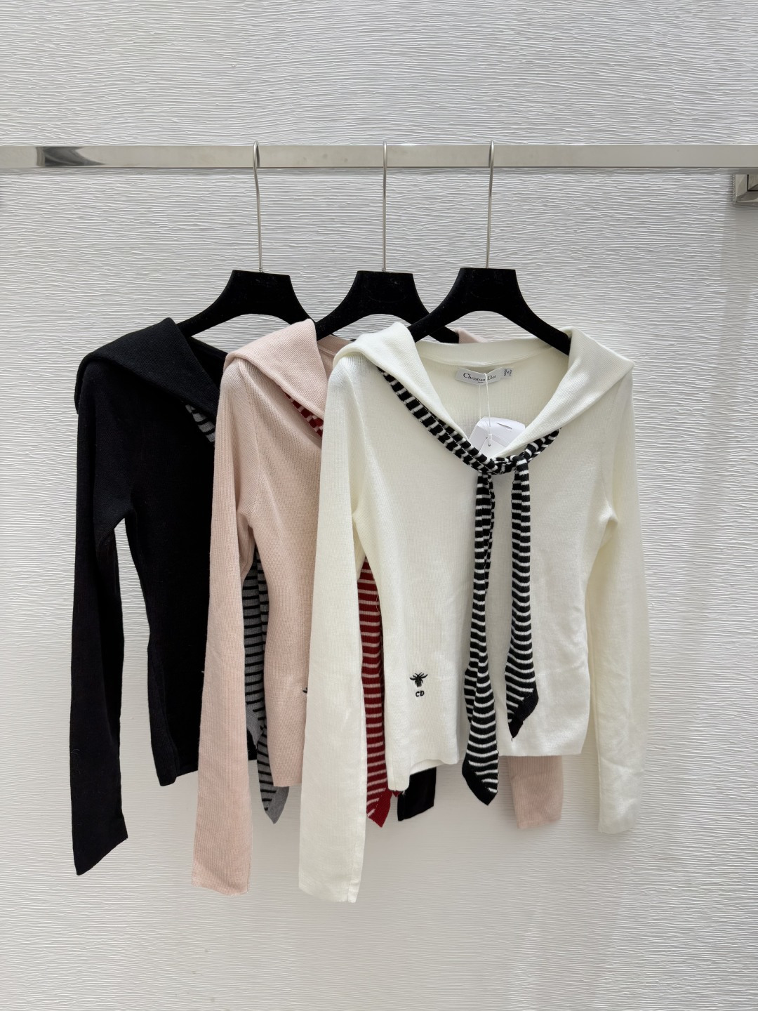 NO:467610,D Home Early Autumn New Navy Collar Striped Knitted Long Sleeve Color White Pink Size 36.38.40, Dior, Alexander wang19860909D家 早秋新款 海军领条纹针织长袖 颜色白色 粉色 尺码36.38.40,,dior,alexander wang,Women's clothing