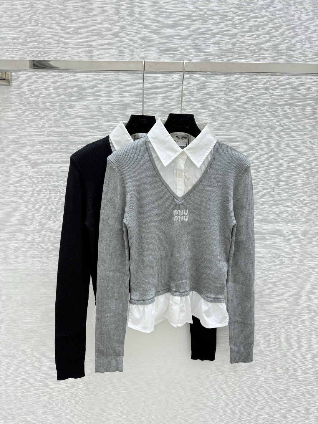 NO:492348,M Home Early Autumn New Lapel Fake Two-Piece Knitted Long Sleeve Color Gray Black Size 36.38.40, Alexander wang19860909M家 早秋新款 翻领假两件针织长袖 颜色灰色 黑色 尺码36.38.40,,alexander wang,Women's clothing