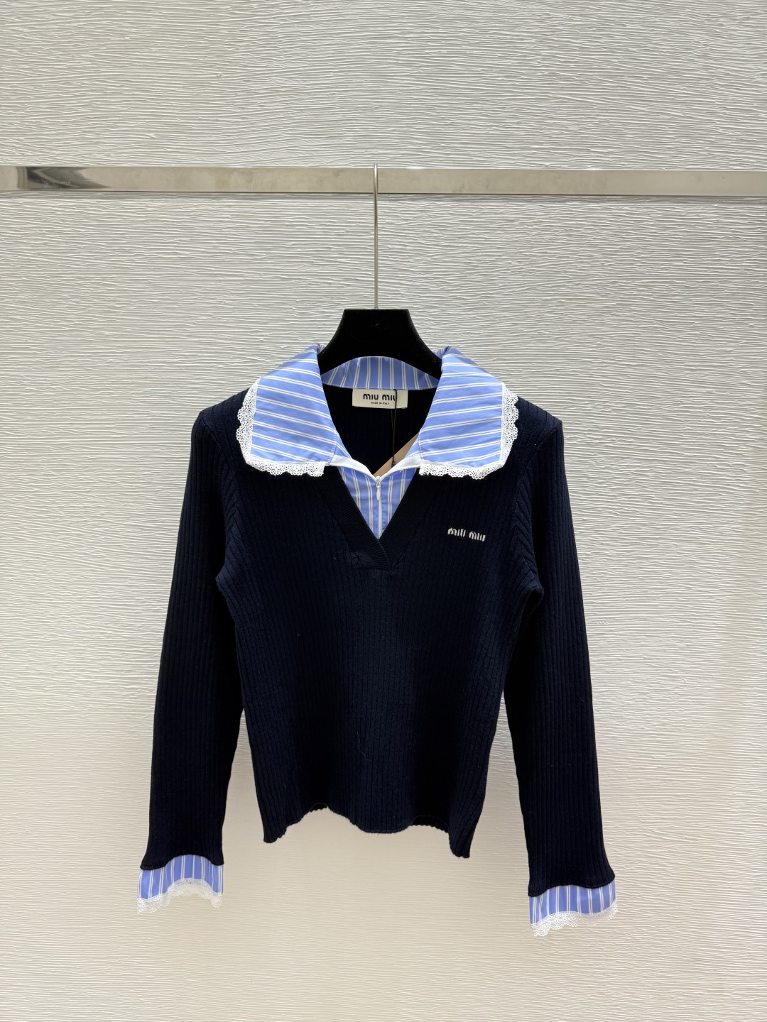 NO:494290,M Home Early Autumn New Striped Lapel Fake Two-Piece Knitted Long Sleeve Color Royal Blue Size 36.38.40, Alexander Wang19860909M家 早秋新款 条纹翻领假两件针织长袖 颜色宝蓝 尺码36.38.40,,alexander wang,Women's clothing