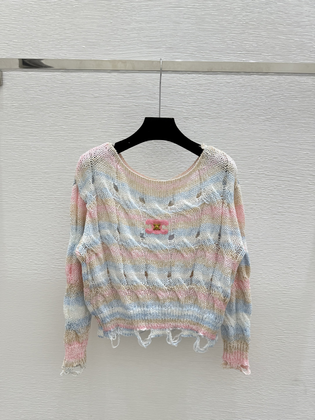 NO:502305,CE Home Early Autumn New Style Contrast Stripe Hollow Knit Long Sleeve Color Pink Size 36.38.40,,alexander wang19860909CE家 早秋新款 撞色条纹镂空针织长袖 颜色粉色 尺码36.38.40,,alexander wang,Women's clothing