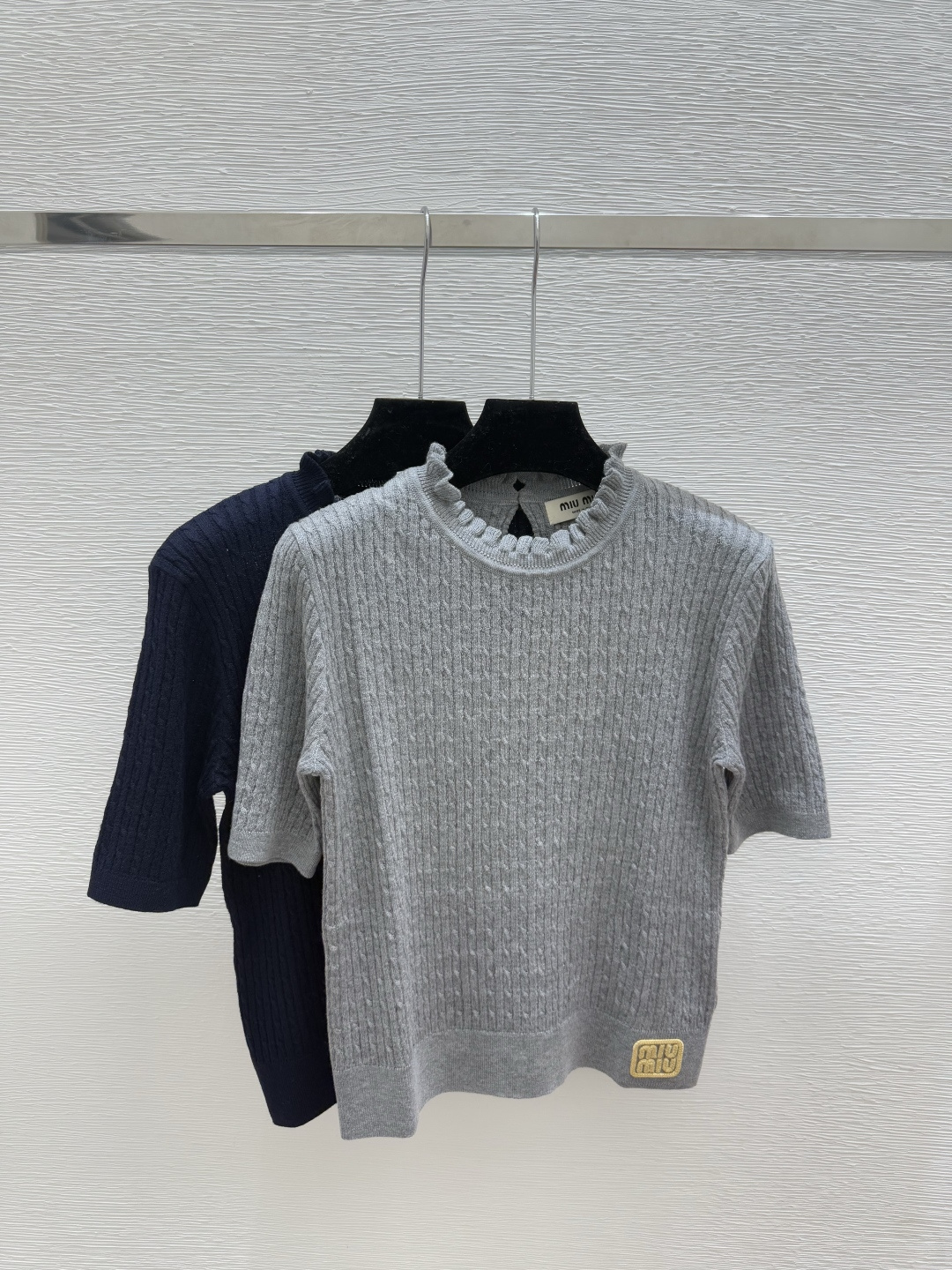 NO:534035,M Home Summer New Style Solid Color Ruffled Round Neck Knitted Short Sleeve Color Gray Royal Blue Size 36.38.40, T-shirt,alexander wang19860909M家 夏季新款 纯色荷叶边圆领针织短袖 颜色灰色 宝蓝 尺码36.38.40,,T-shirt,alexander wang,Women's clothing