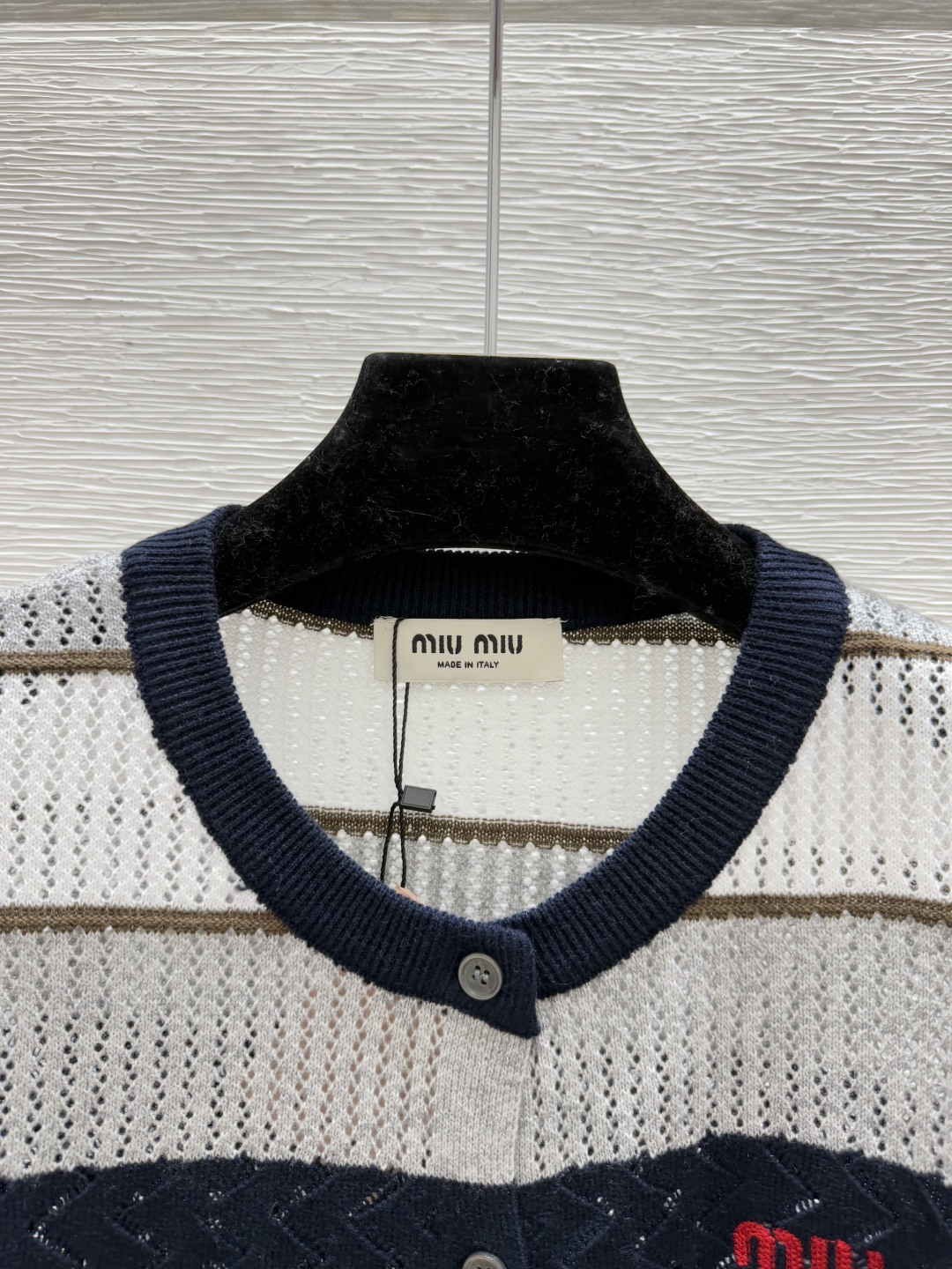 🆕M家🆕 早秋新款 撞色条纹镂空圆领针织长袖开衫颜色：宝蓝尺码：36.38.40