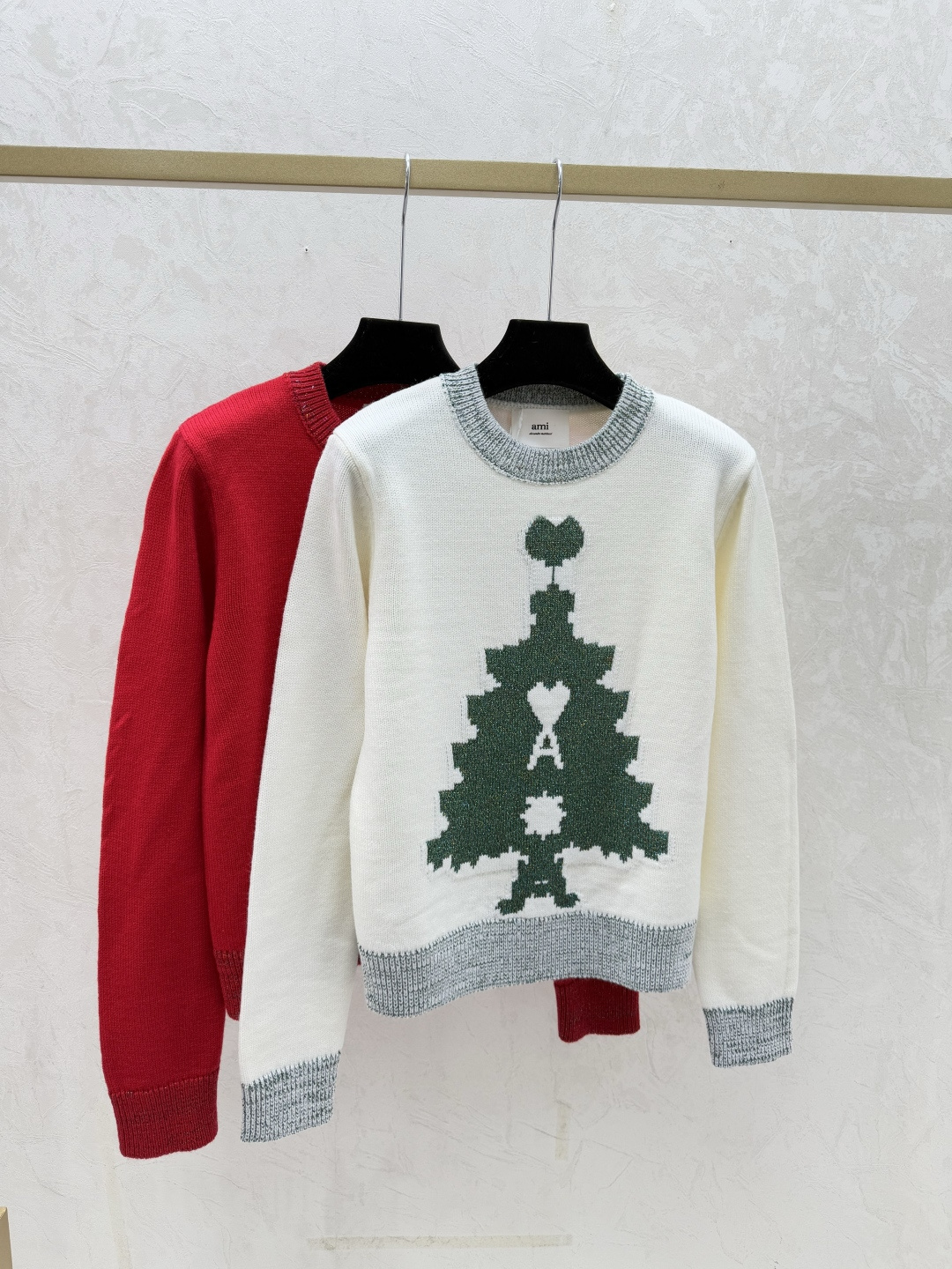 NO:665120,AMI Home Early Autumn New Style Contrast Color Christmas Tree Round Neck Knitted Long Sleeve Color White Red Size 36.38.40,, 19860909AMI家 早秋新款 撞色圣诞树圆领针织长袖 颜色白色 红色 尺码36.38.40,, ,Women's clothing