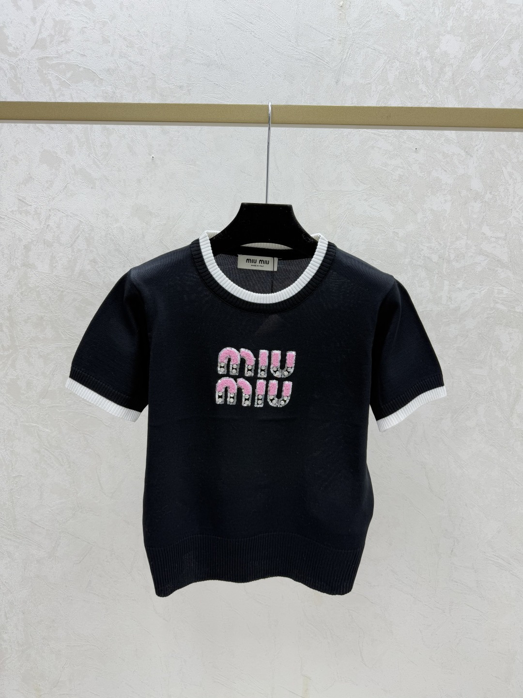 Miu Miu M家 早春新款 撞色字母提花圆领针织短袖