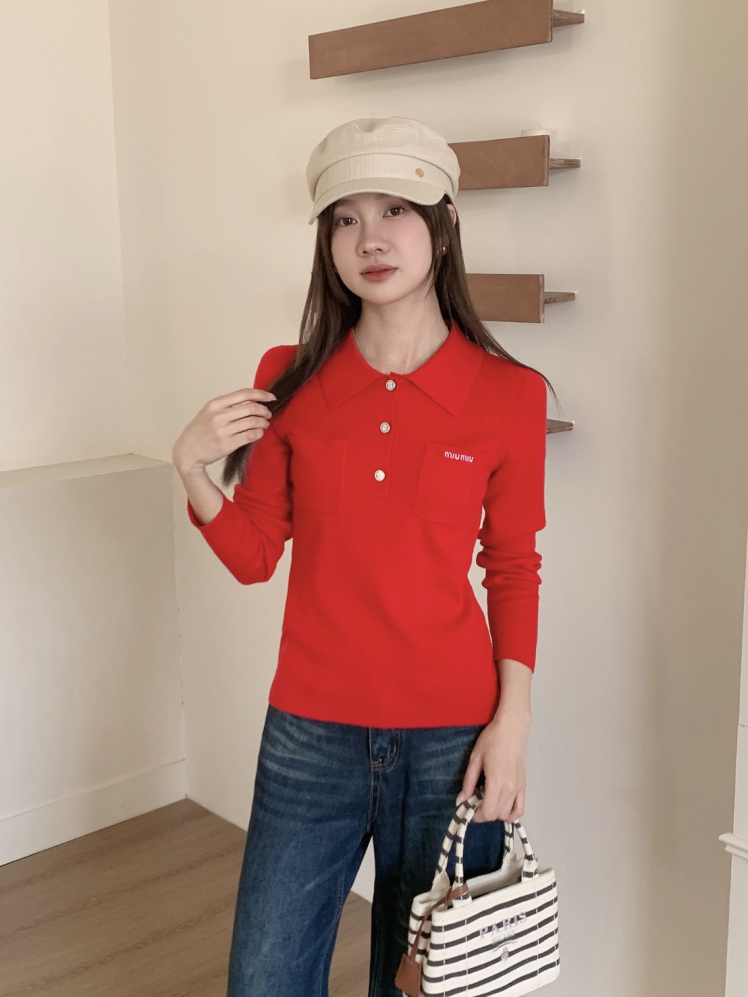 Miu Miu M家 早秋新款 纯色翻领针织长袖