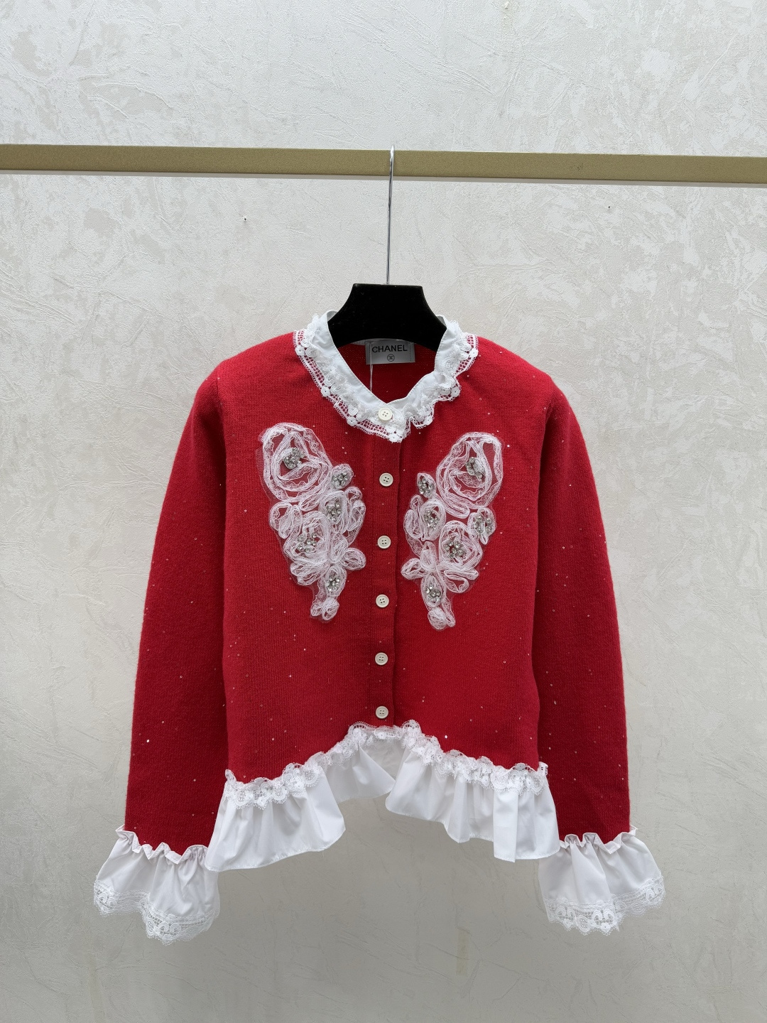 Chrome Hearts CH家 早秋新款 撞色蕾丝花边钉珠圆领针织长袖开衫