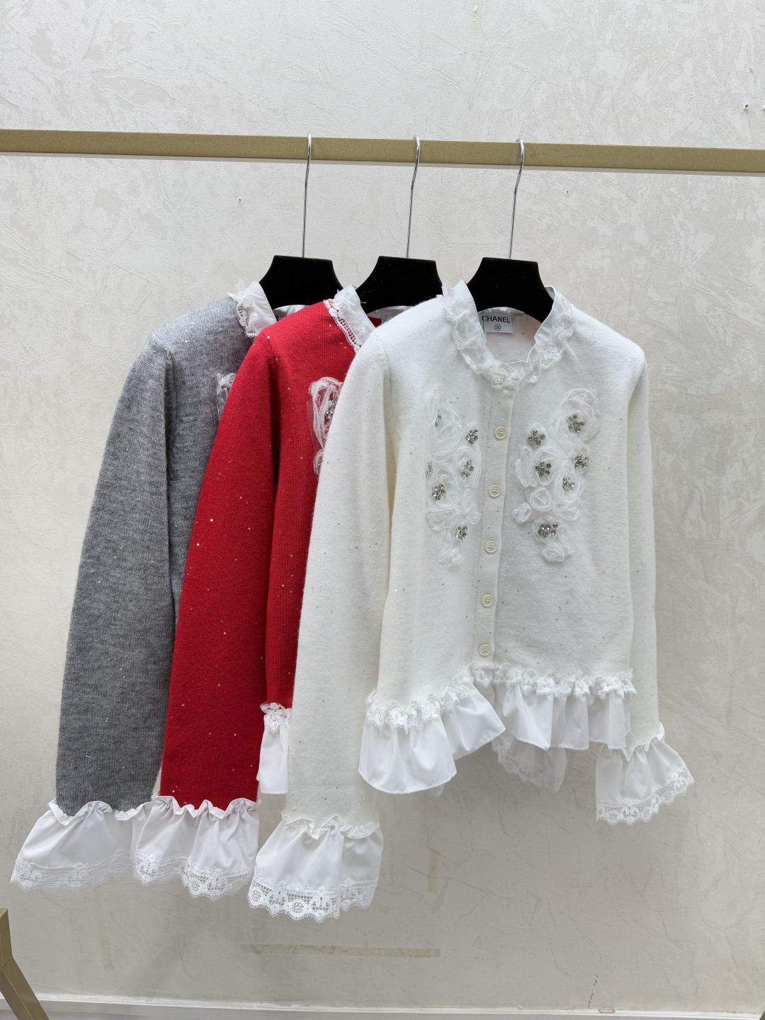 Chrome Hearts CH家 早秋新款 撞色蕾丝花边钉珠圆领针织长袖开衫