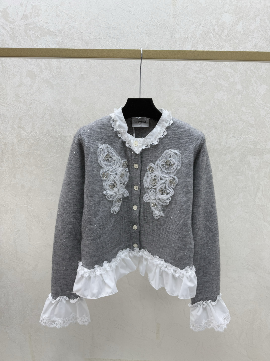 Chrome Hearts CH家 早秋新款 撞色蕾丝花边钉珠圆领针织长袖开衫