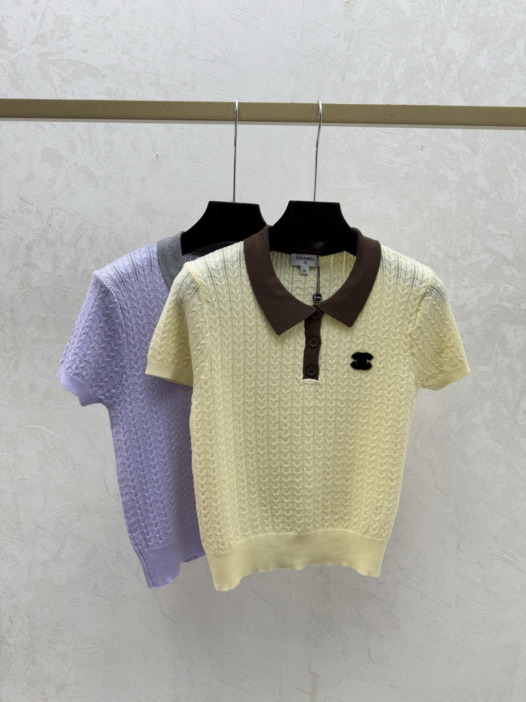 NO:733405,CH Home Early Spring New Style Contrast Lapel Simple Knitted Short Sleeves Color Yellow Purple Size 36.38.40, T-shirt,19860909CH家 早春新款 撞色翻领简约针织短袖 颜色黄色 紫色 尺码36.38.40,,T-shirt,,Women's clothing