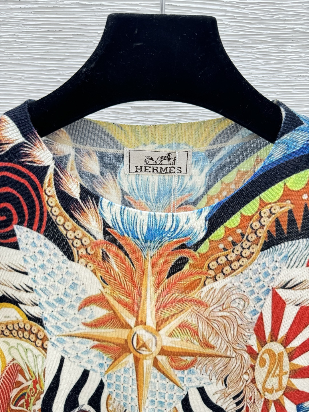 Hermès HE家 早秋新款 几何印花美丽奴羊毛圆领针织短袖