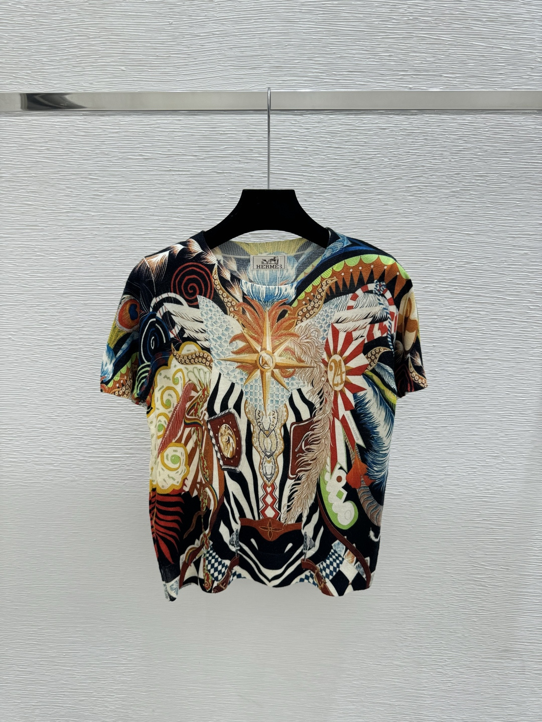 NO:738485,HE Home Early Autumn New Geometric Print Merino Wool Round Neck Knitted Short Sleeves Color Mix Size SML, T-shirt,19860909HE家 早秋新款 几何印花美丽奴羊毛圆领针织短袖 颜色混色 尺码SML,,T-shirt,,Women's clothing