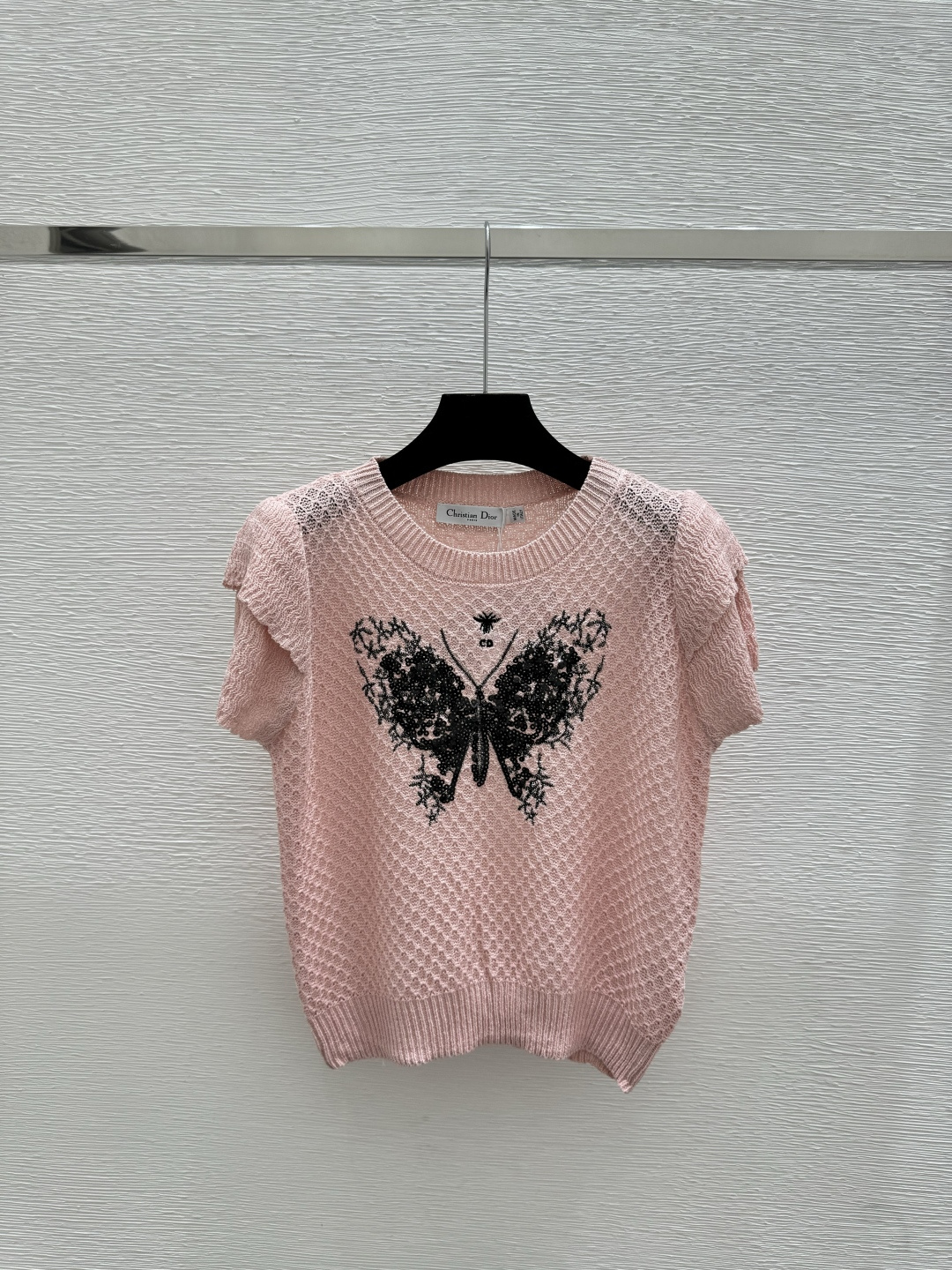 Unknown D家 早春新款 撞色蝴蝶珠片镂空圆领针织短袖