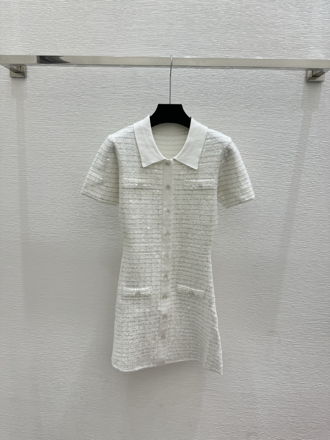 NO:753225,CH Home Early Spring New Solid Color Sequin Lapel Knitted Short Sleeve Skirt Color White Size 36.38.40, Skirts, T-shirt,19860909CH家 早春新款 纯色珠片翻领针织短袖裙 颜色白色 尺码36.38.40,,skirts,T-shirt,,Women's clothing