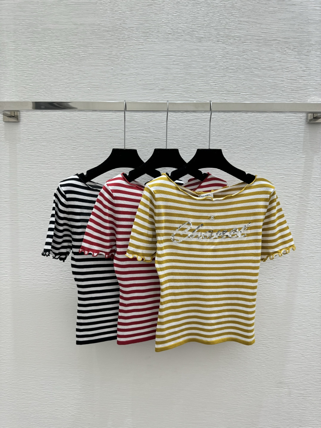 Chrome Hearts CH家 早春新款 撞色字母珠片条纹针织短袖