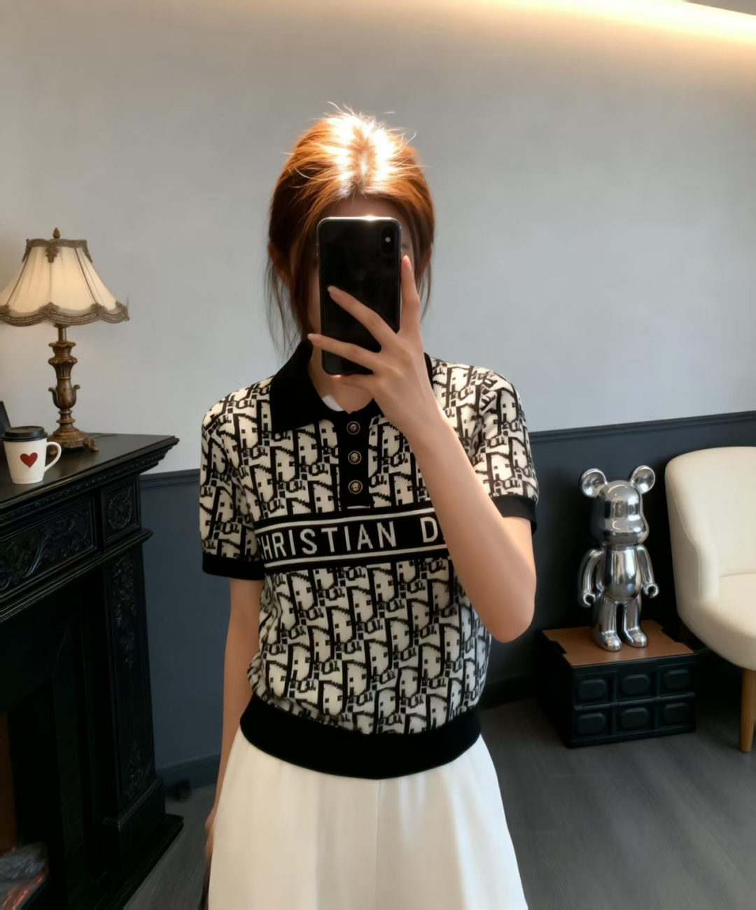 🆕D家🆕 早春新款 撞色老花字母翻领针织短袖颜色：黑色尺码：36.38.40