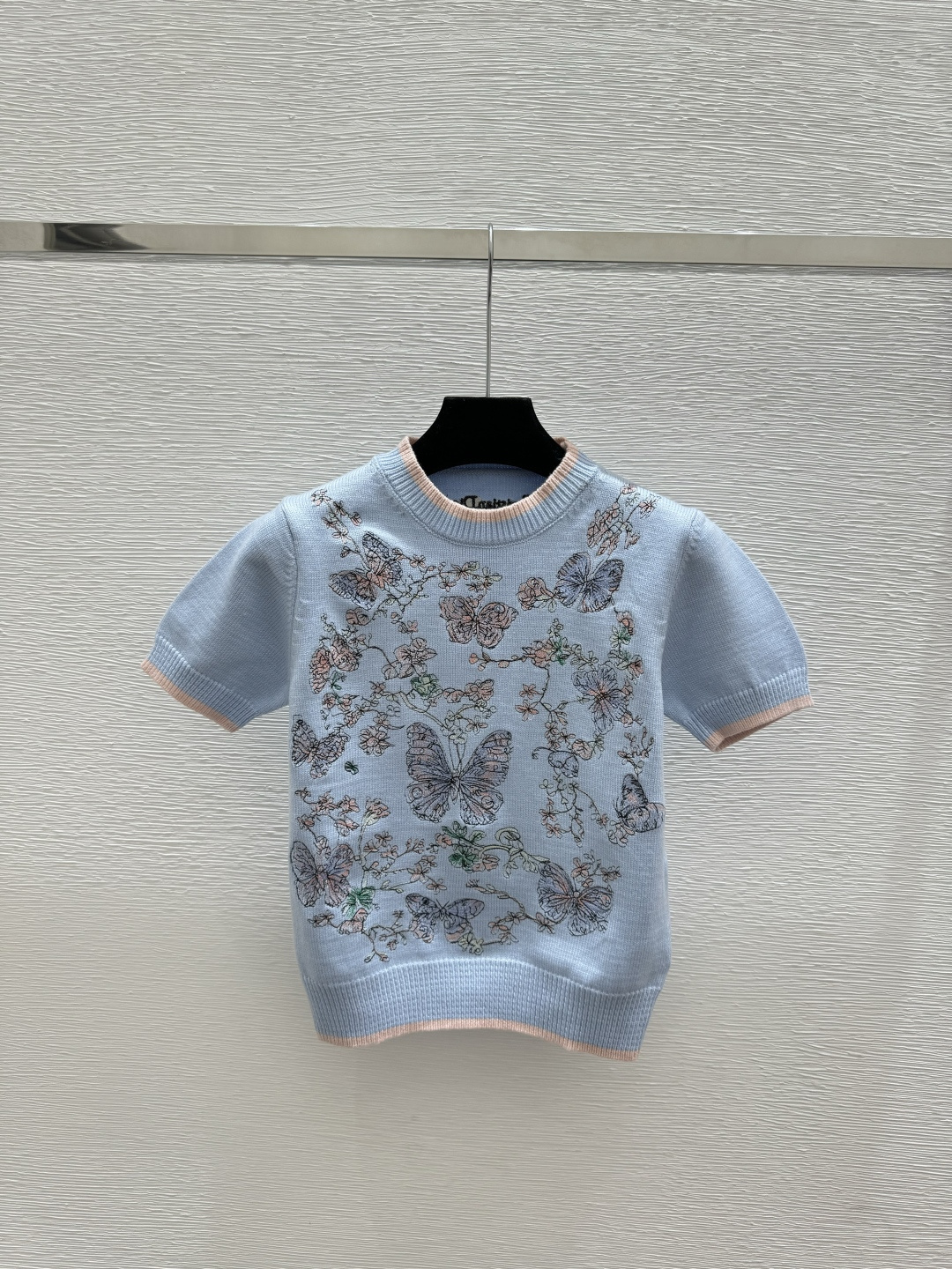 🆕D家🆕 早春新款 撞色蝴蝶刺绣圆领针织短袖颜色：白色 粉色 蓝色尺码：36.38.40