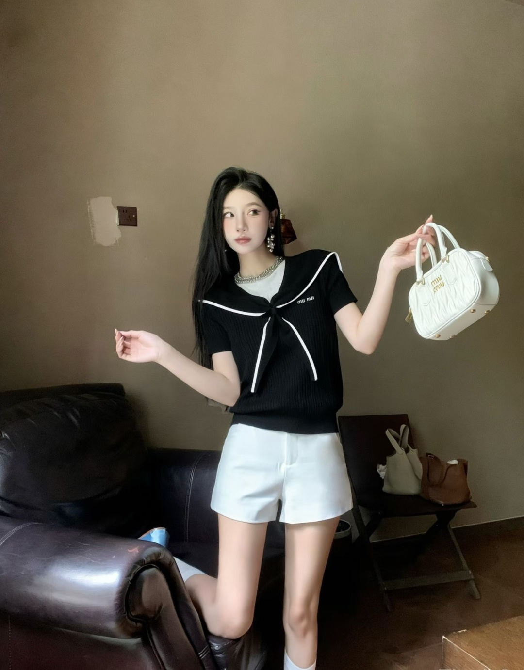 🆕M家🆕 早春新款 撞色海军领针织短袖颜色：白色 宝蓝黑色尺码：36.38.40