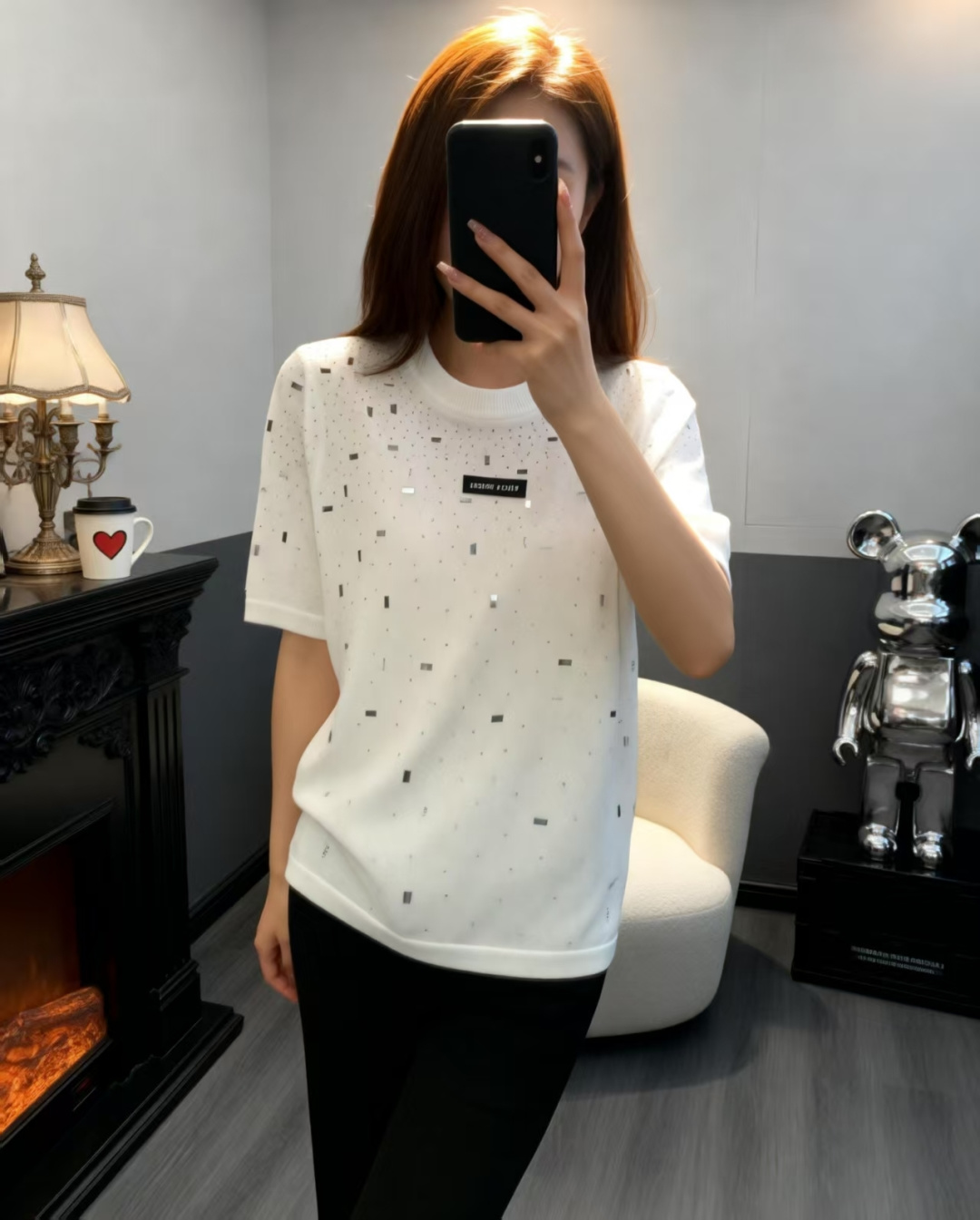 🆕M家🆕 早春新款 纯色烫钻圆领针织短袖颜色：白色尺码：36.38.40