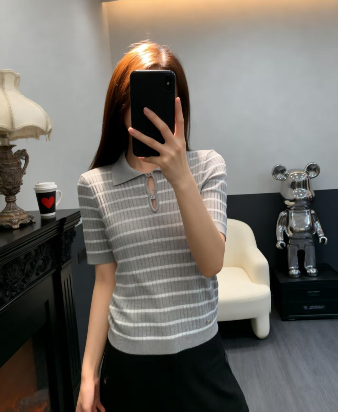 🆕CH家🆕 早春新款 撞色条纹镂空翻领针织短袖颜色：粉色 灰色 黑色尺码：36.38.40